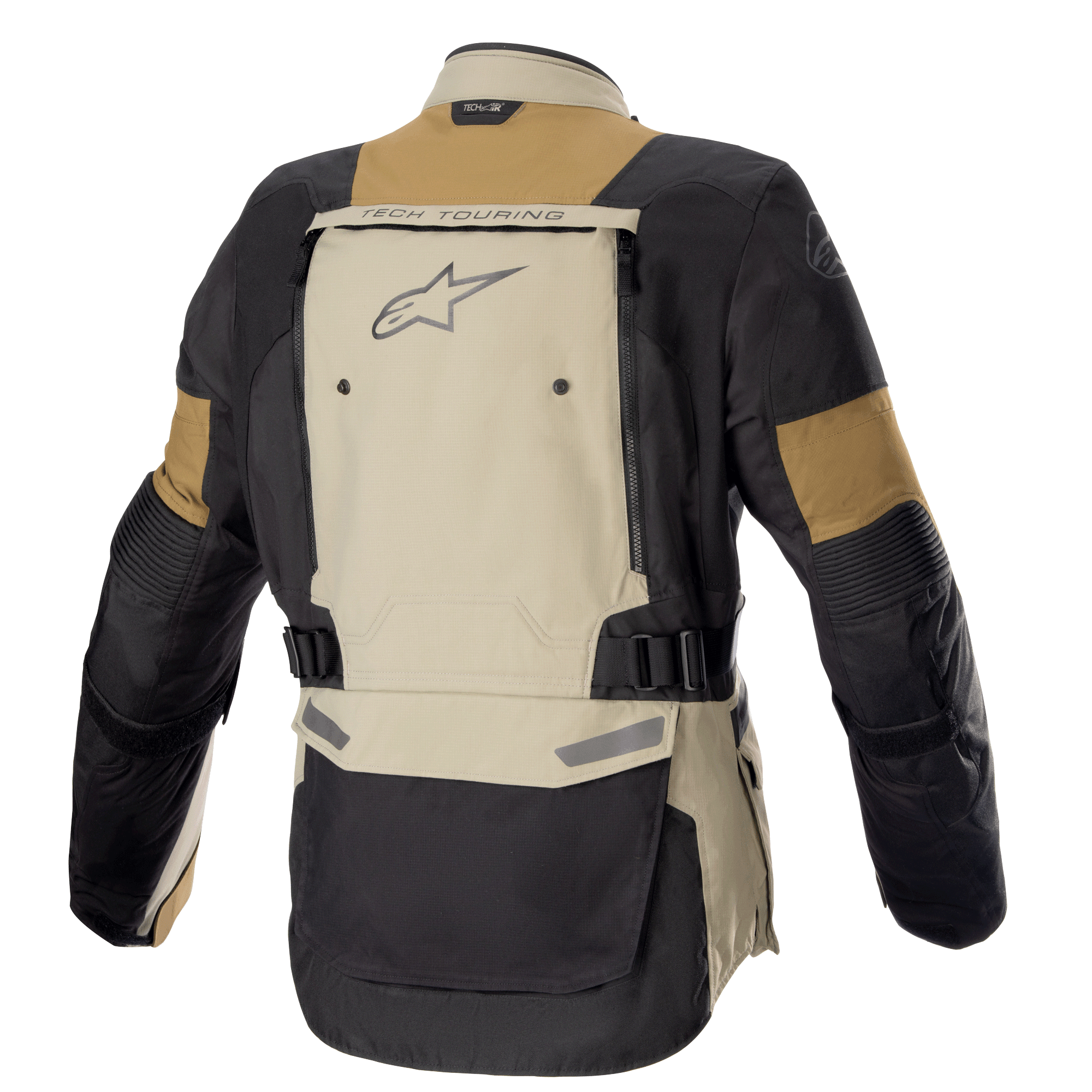 Alpinestars Bogota' Pro Drystar® Jacke, Adventure-Motorradjacke, Vetiver Military Olive und Schwarz, Rückansicht mit großem Belüftungspanel am Rücken, "TECH TOURING"-Branding und Alpinestars-Logo, verstellbare Taillengurte, strapazierfähige Textilkonstruktion für Ganzjahres-Touren.