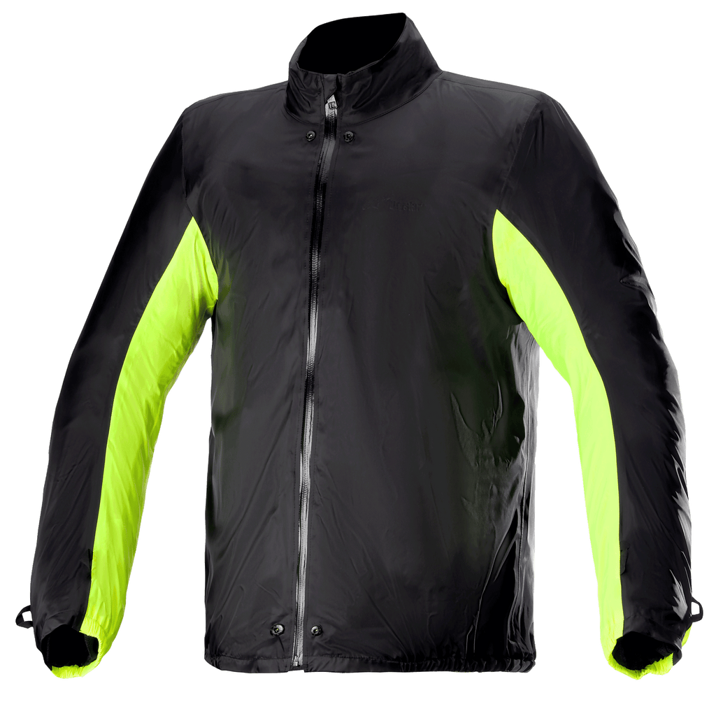 Alpinestars Bogota' Pro Drystar® Jacken-Regenhülle, wasserdichtes Motorradjacken-Innenfutter, Schwarz mit neongelben Seiten- und Armeinsätzen, durchgehender Frontreißverschluss mit Druckknöpfen an Hals und Taille, technisches Zubehör für Fahrten bei jedem Wetter