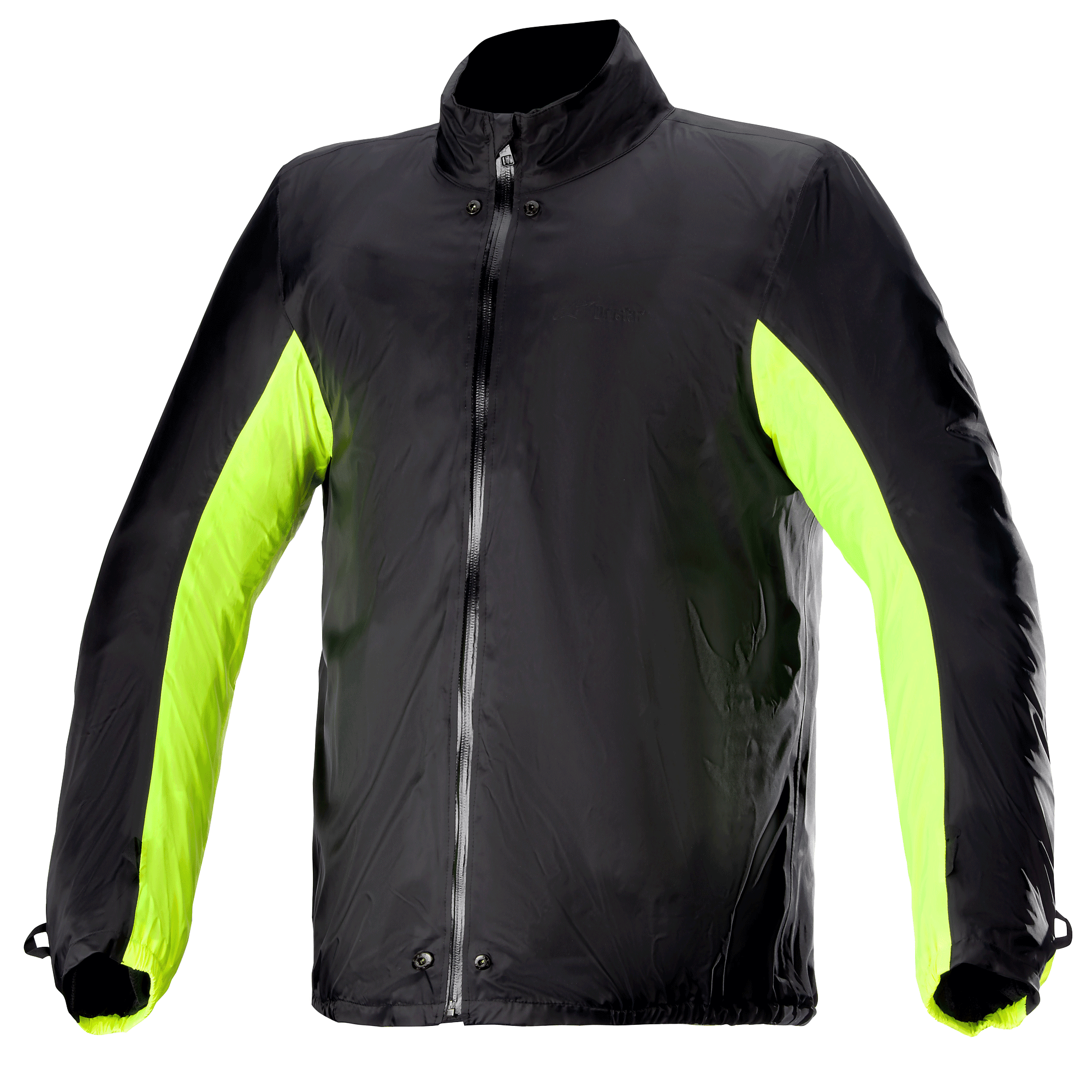 Alpinestars Bogota' Pro Drystar® Jacken-Regenhülle, wasserdichtes Motorradjacken-Innenfutter, Schwarz mit neongelben Seiten- und Armeinsätzen, durchgehender Frontreißverschluss mit Druckknöpfen an Hals und Taille, technisches Zubehör für Fahrten bei jedem Wetter