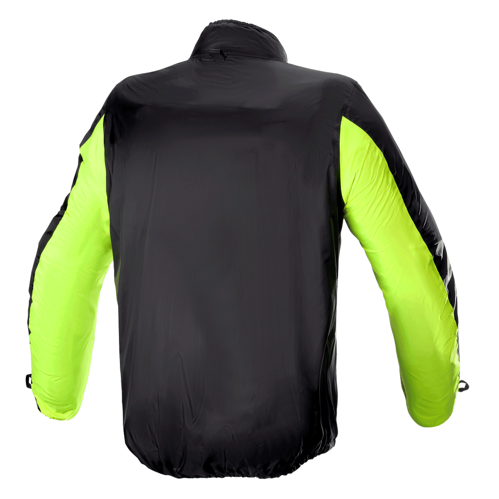 Alpinestars Bogota' Pro Drystar® Jacke Regenschutz, Rückansicht, Schwarz mit fluoreszierend gelben Ärmeln, leichte wasserdichte Konstruktion für hohe Sichtbarkeit und Wetterschutz