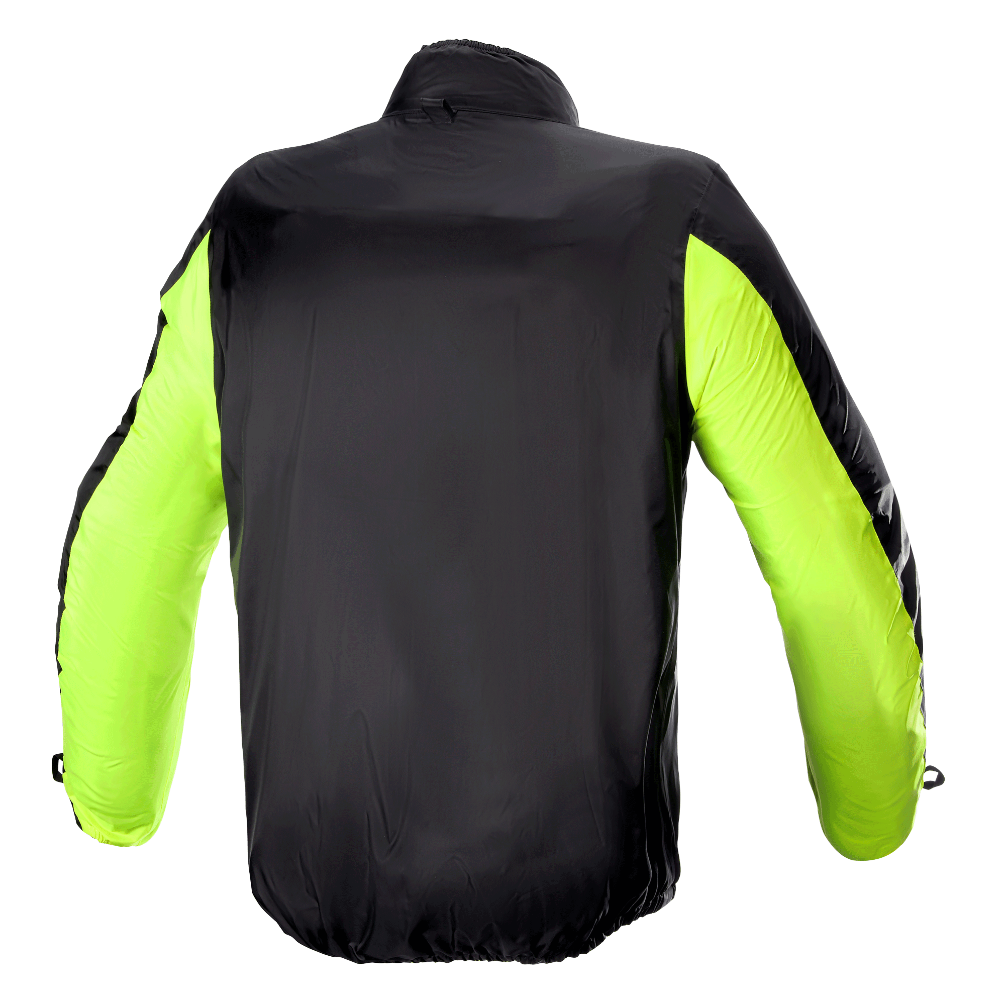 Alpinestars Bogota' Pro Drystar® Jacke Regenschutz, Rückansicht, Schwarz mit fluoreszierend gelben Ärmeln, leichte wasserdichte Konstruktion für hohe Sichtbarkeit und Wetterschutz