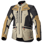 Alpinestars Bogota Pro Drystar Jacke, Motorrad-Adventure-Tourenjacke, Beige, Schwarz und Tan, wasserdichte Textilkonstruktion, mehrere Taschen mit roten Zuglaschen, verstärkte Schutzbereiche und hohes Kragendesign