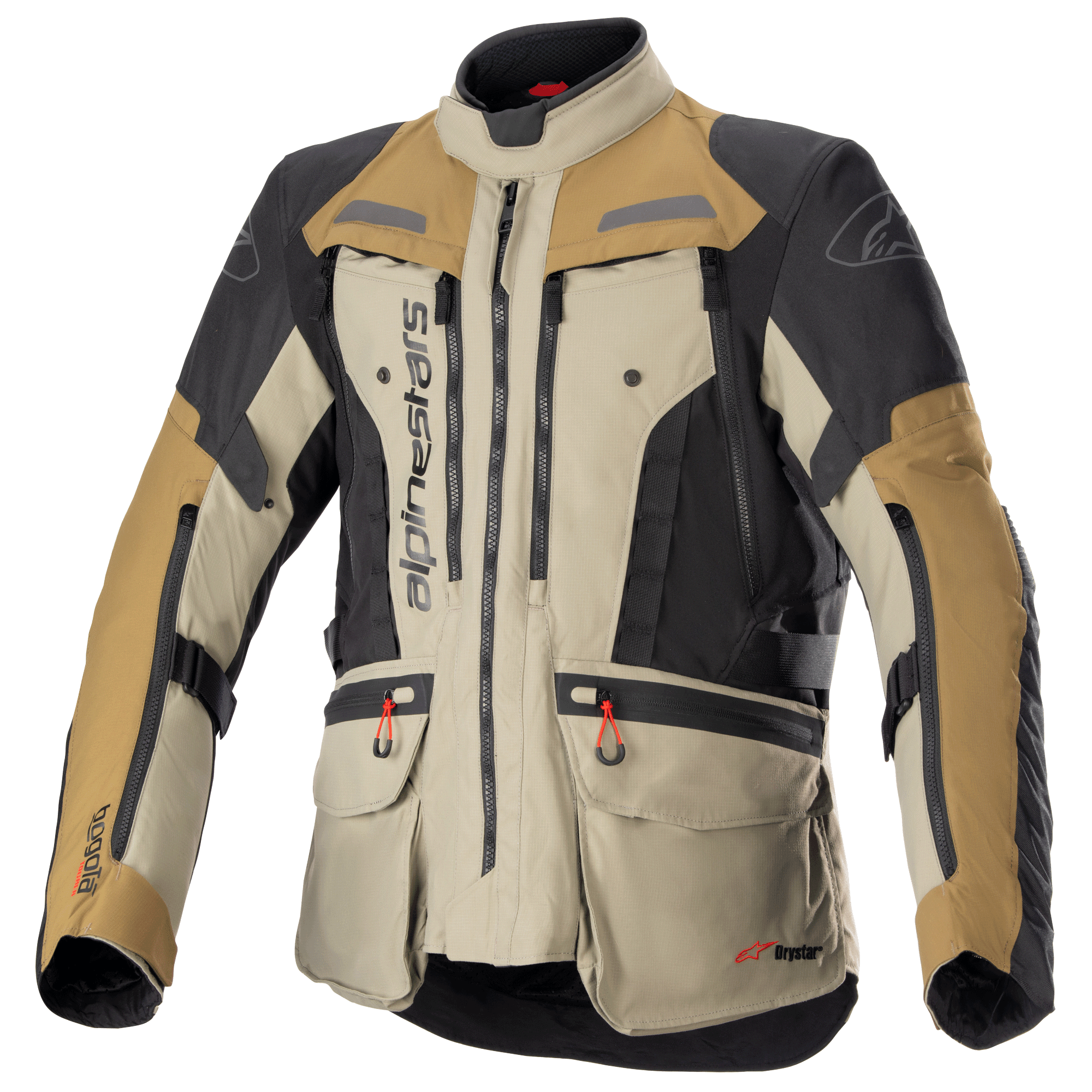 Alpinestars Bogota Pro Drystar Jacke, Motorrad-Adventure-Tourenjacke, Beige, Schwarz und Tan, wasserdichte Textilkonstruktion, mehrere Taschen mit roten Zuglaschen, verstärkte Schutzbereiche und hohes Kragendesign