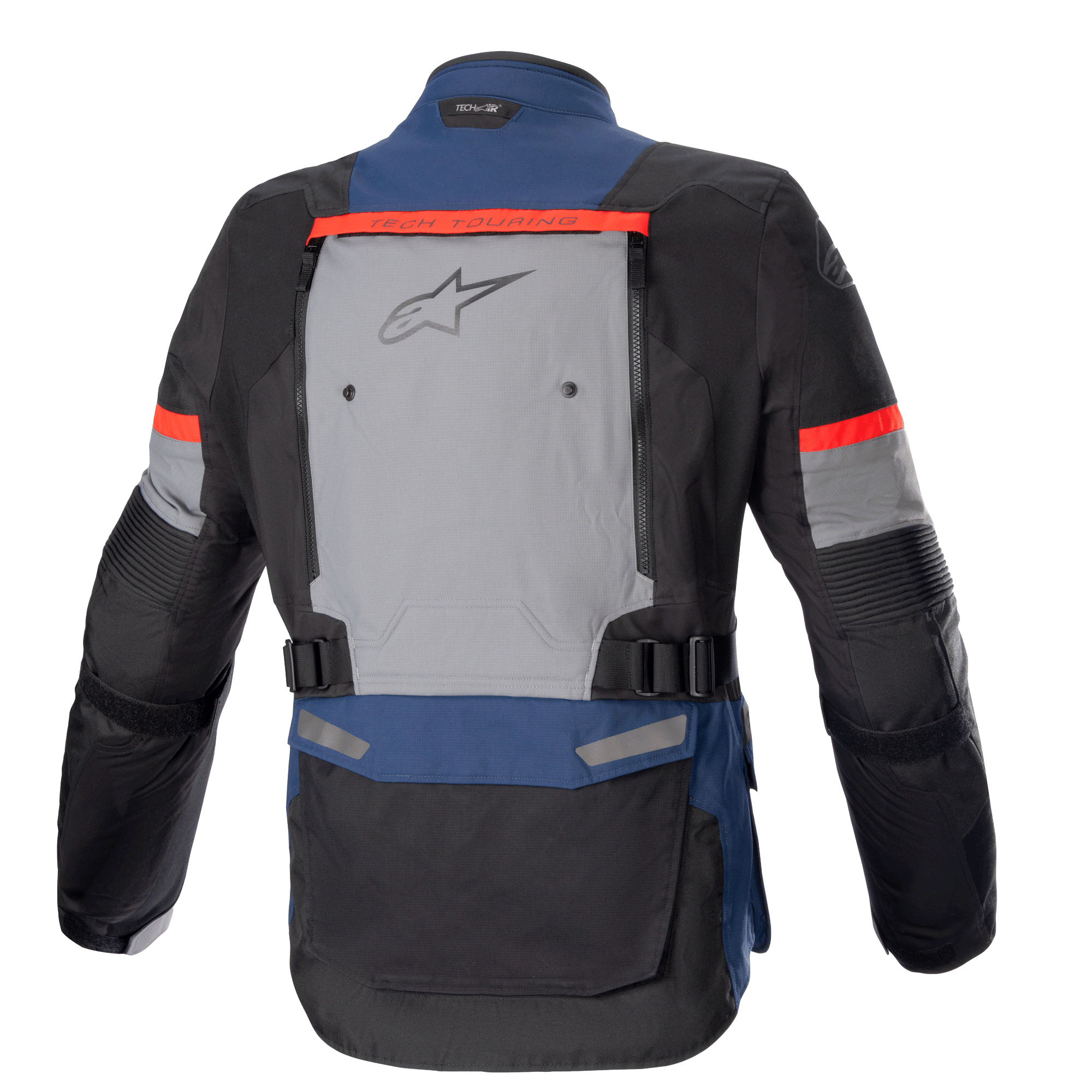 Alpinestars Bogotá Pro Drystar® Jacke, Motorrad-Adventure-Tourenjacke, Dunkelblau, Schwarz und leuchtendes Rot, Rückansicht mit großem grauen Belüftungspanel samt Alpinestars-Logo, roten „Tech Touring“-Akzenten und verstellbaren Taillengurten
