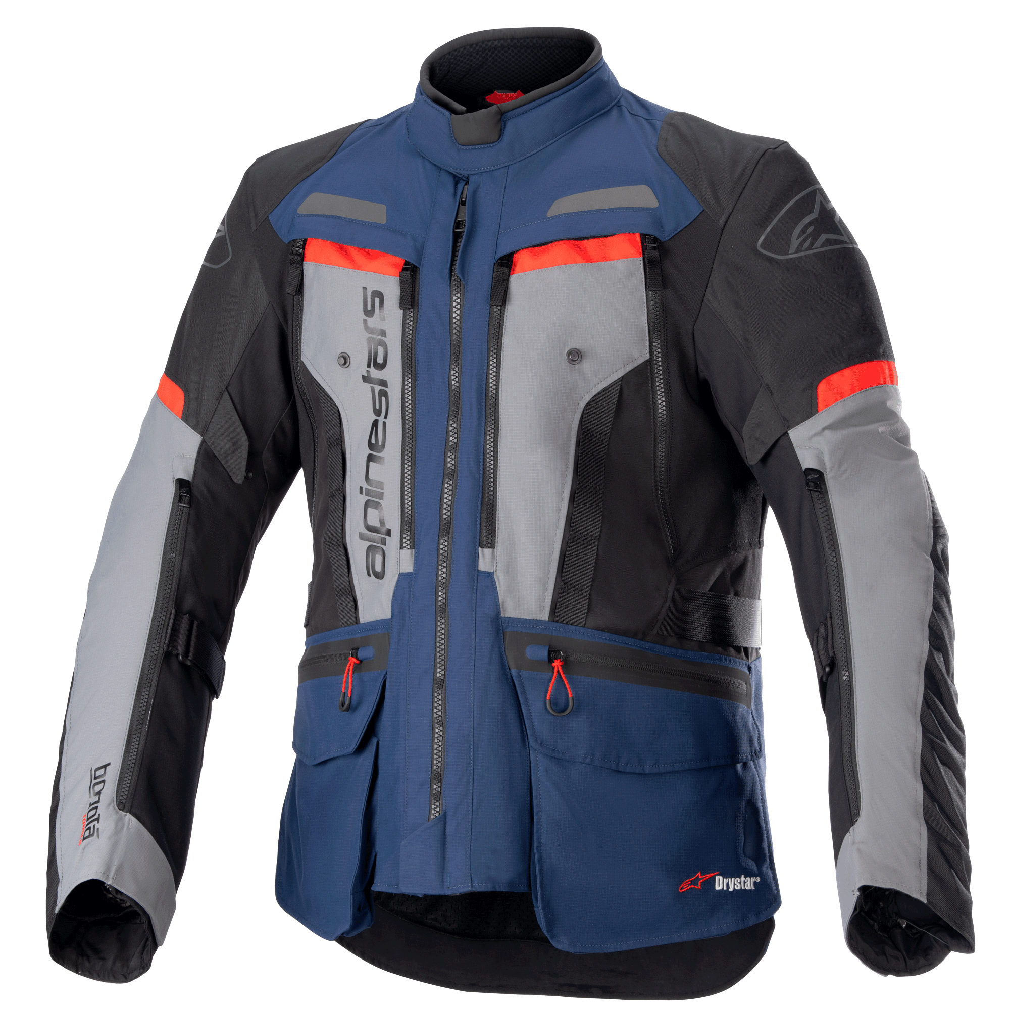 Alpinestars Bogota Pro Drystar Jacke, Motorrad-Adventure-Tourenjacke, Dunkelblau und Schwarz mit grauen Brustpaneelen und leuchtend roten Akzenten, wasserdichte Textilkonstruktion, mehrere Belüftungsreißverschlüsse und Funktionstaschen.