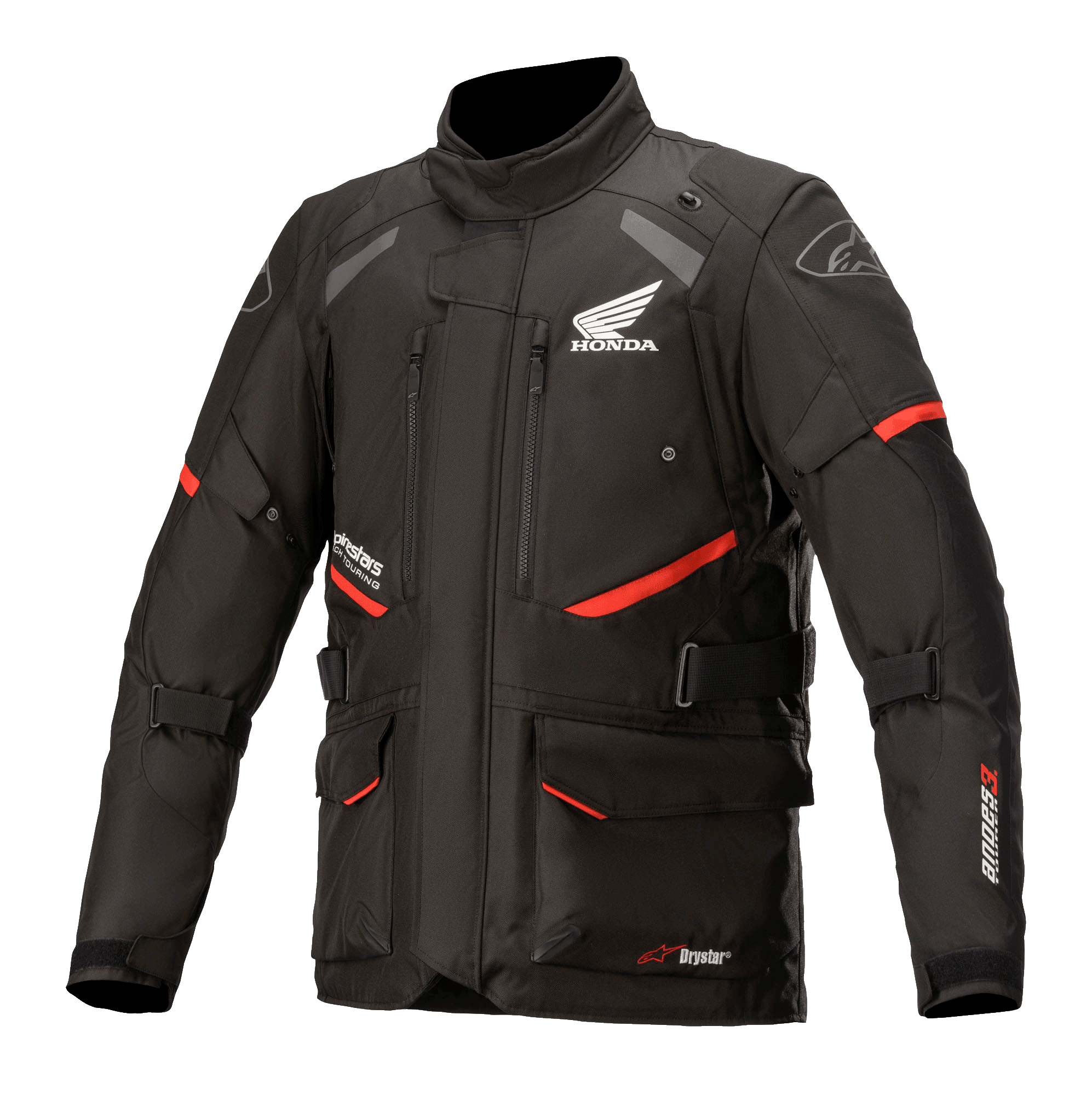Honda Andes V3 Drystar Jacket, Motorcycle Touring Jacket, Black with Red Accents, front view featuring large cargo pockets and adjustable straps, technical textile construction with Honda wing and Alpinestars logos, adventure-inspired design