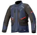 Alpinestars Andes V3 Drystar Jacket, Motorcycle Touring Jacket, Dark Blue and Black with Red accents, front view featuring zippered chest vents, adjustable waist straps, and high collar, waterproof textile construction for adventure riding