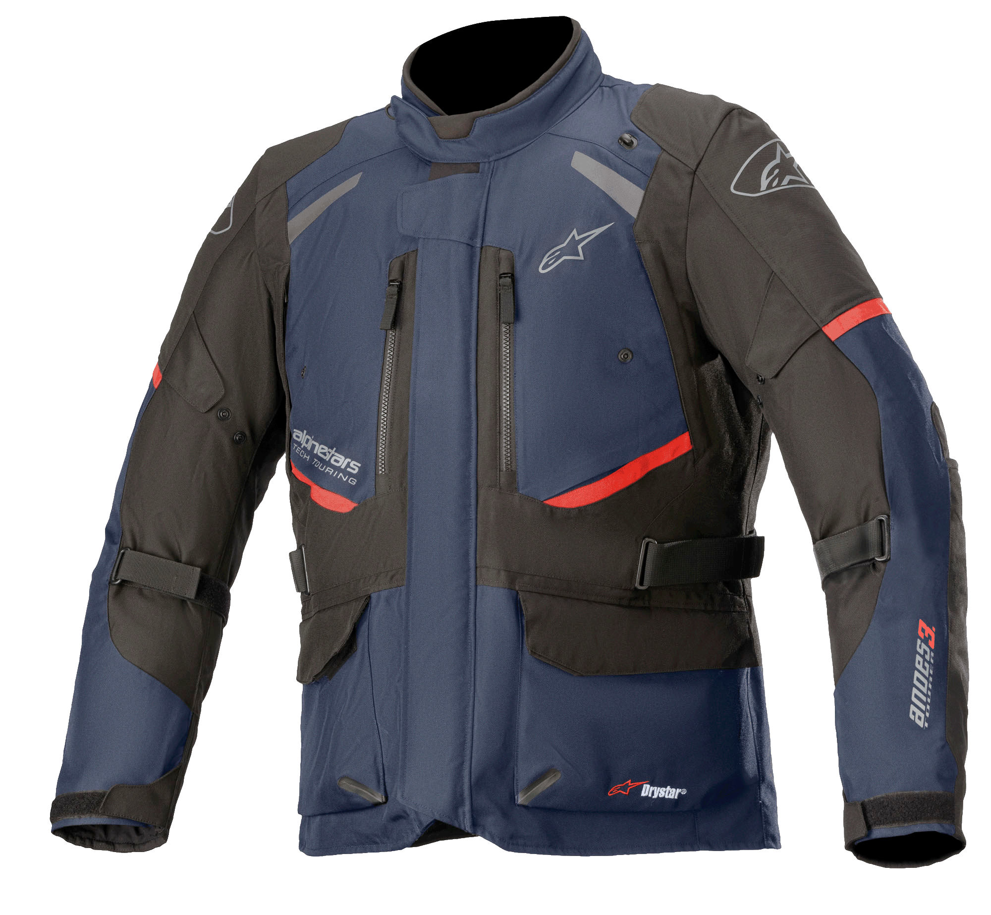 Alpinestars Andes V3 Drystar Jacke, Motorrad-Tourenjacke, Dunkelblau und Schwarz mit roten Akzenten, Vorderansicht mit Belüftungsöffnungen an der Brust, verstellbaren Taillengurten und hohem Kragen, wasserdichte Textilkonstruktion für Adventure-Fahrten