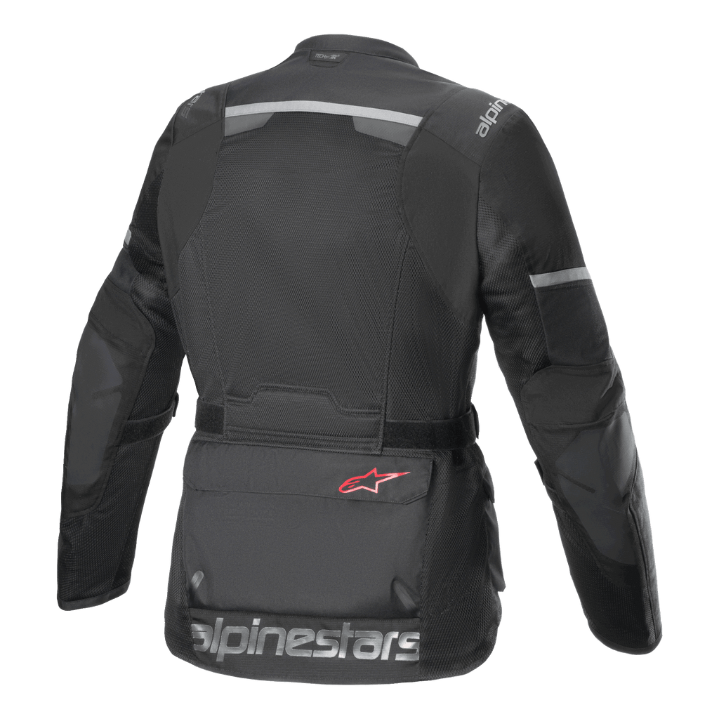 Alpinestars Andes Air Drystar® Jacke, Motorradjacke, Schwarz, Rückansicht mit großflächigen Mesh-Belüftungseinsätzen, Reflexstreifen am oberen Rücken und an den Ärmeln sowie großem Alpinestars-Schriftzug am unteren Saum.
