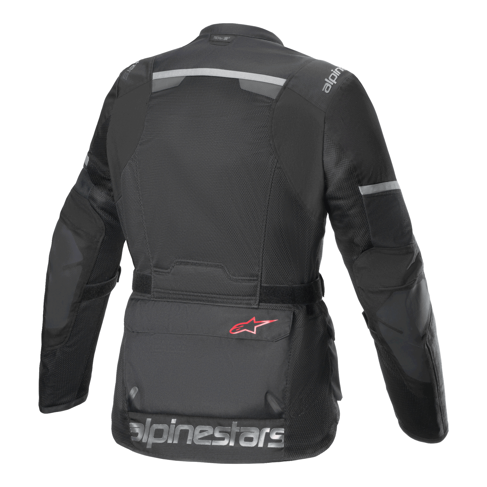 Alpinestars Andes Air Drystar® Jacke, Motorradjacke, Schwarz, Rückansicht mit großflächigen Mesh-Belüftungseinsätzen, Reflexstreifen am oberen Rücken und an den Ärmeln sowie großem Alpinestars-Schriftzug am unteren Saum.