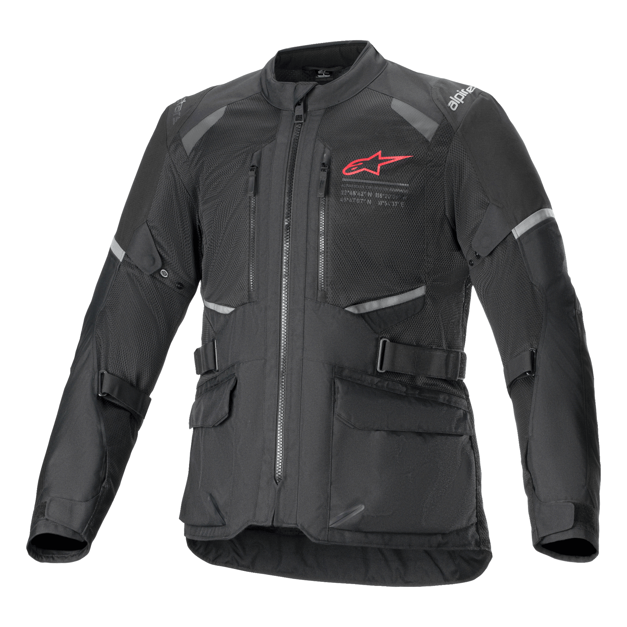 Alpinestars Andes Air Drystar Jacke, schwarze Adventure-Touring-Motorradjacke, Vorderansicht, mit großflächigen Mesh-Belüftungseinsätzen, einem roten Alpinestars-Logo auf der Brust, reflektierenden Akzenten und vorderen Cargo-Taschen.