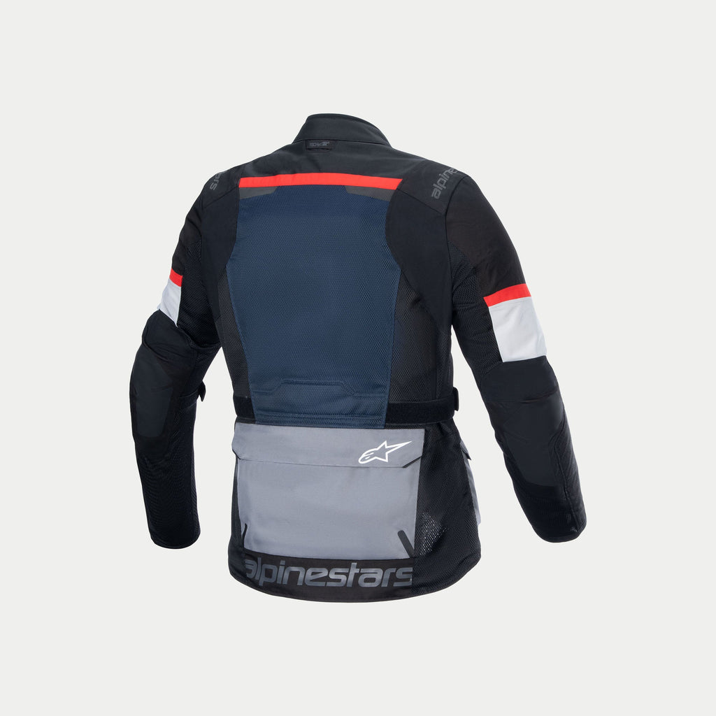 Alpinestars Andes Air Drystar Jacke, Abenteuer-Touring-Motorradjacke für Herren, Tiefblau, Schwarz und Eisgrau, mit umfangreichen 2D-Mesh-Belüftungspaneelen und CE-Zertifizierung, Rückansicht mit Rückenprotektoreinsatz und Details der unteren Tasche