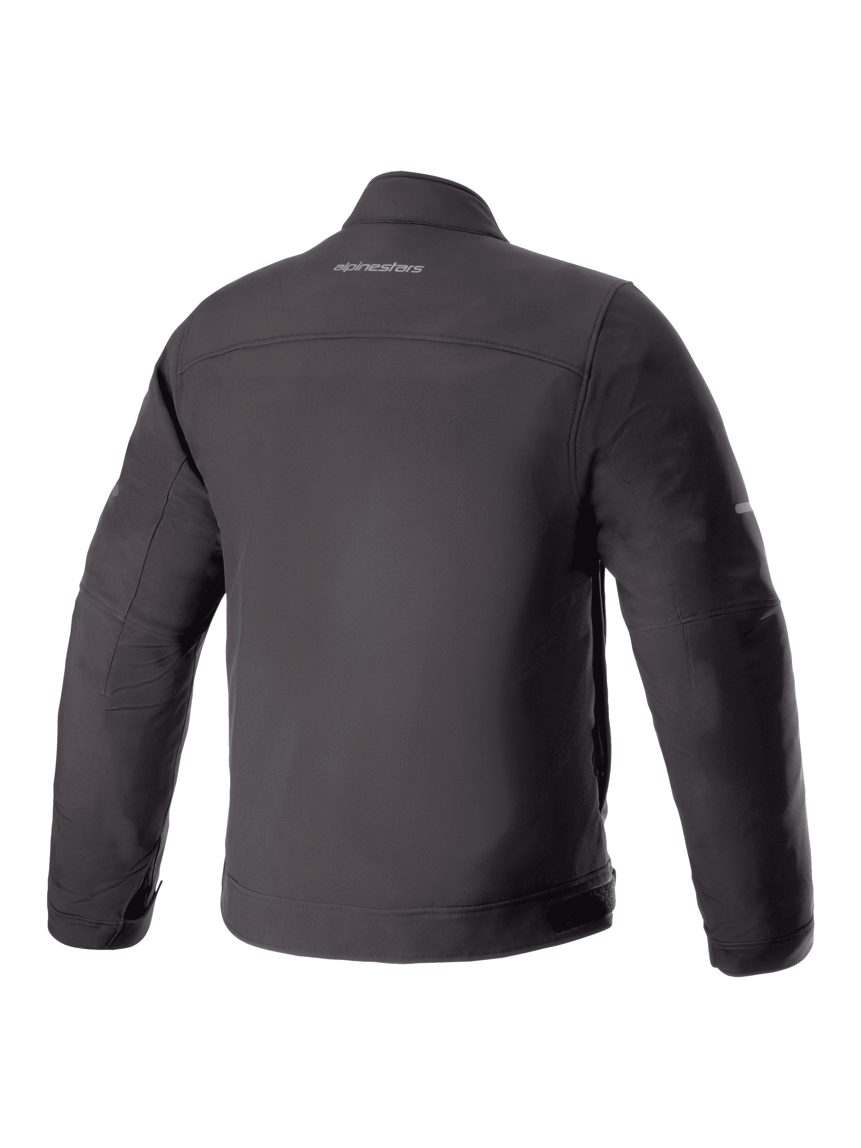 Alpinestars Husker Waterproof Jacke, Motorradjacke, Schwarz, Rückansicht mit mattem Softshell-Material und zentriertem Alpinestars-Wortmarken-Logo auf dem oberen Rücken, urbanes technisches Design.