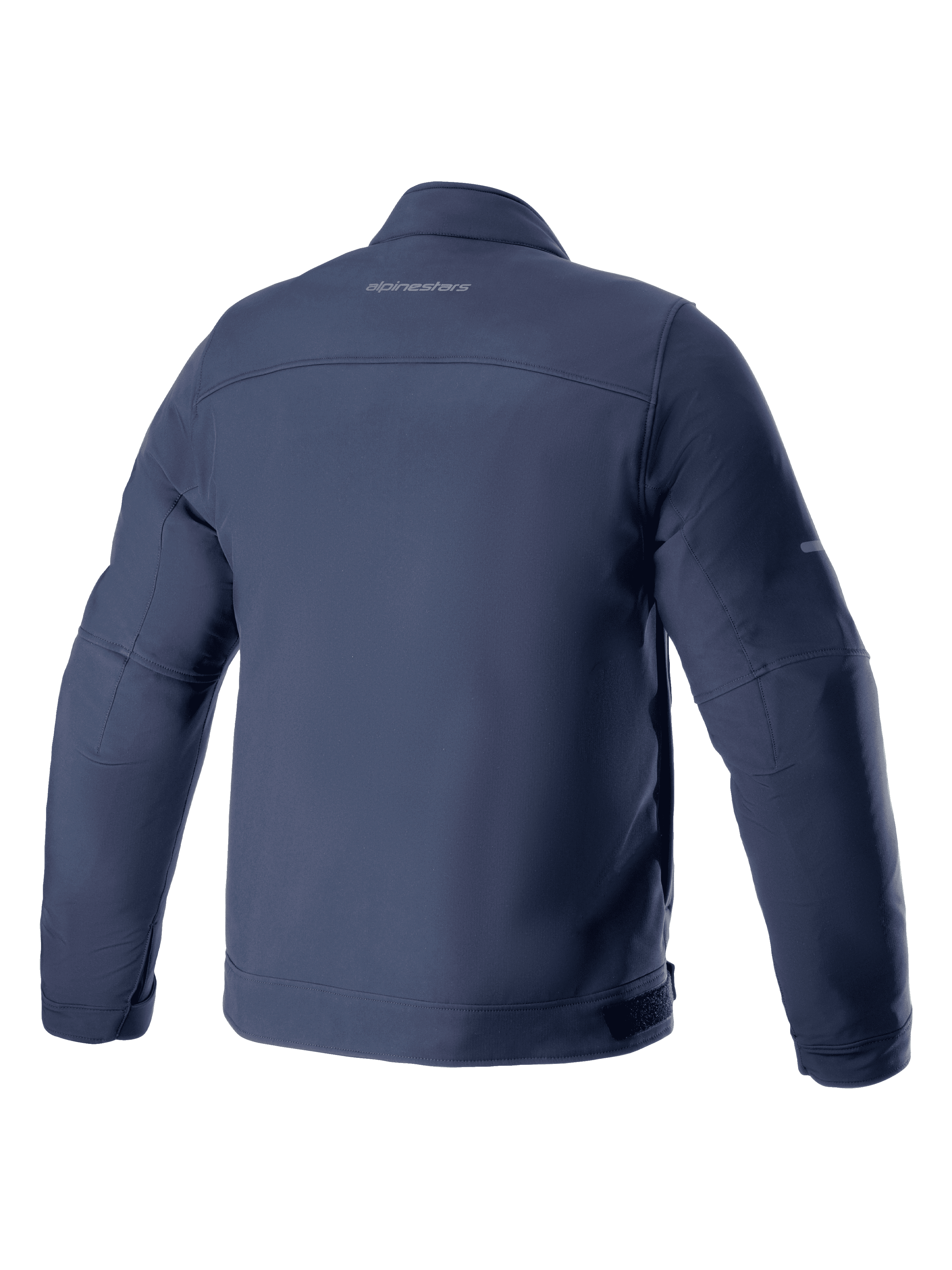 Alpinestars Husker Waterproof Jacke, Motorradjacke, Night Navy, Rückansicht, elastisches Softshell-Textil mit dezentem Branding am oberen Rücken, urbanes Styling mit wasser- und winddichten Eigenschaften