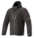 Alpinestars Sirius Drystar Techshell Jacke, Wasserdichte Motorradjacke, Melange Schwarz, Textildesign mit Kapuze, vertikale Brustreißverschlüsse, reflektierende Streifen an den Ärmeln, verstellbare Ärmelbündchen mit Schnallen