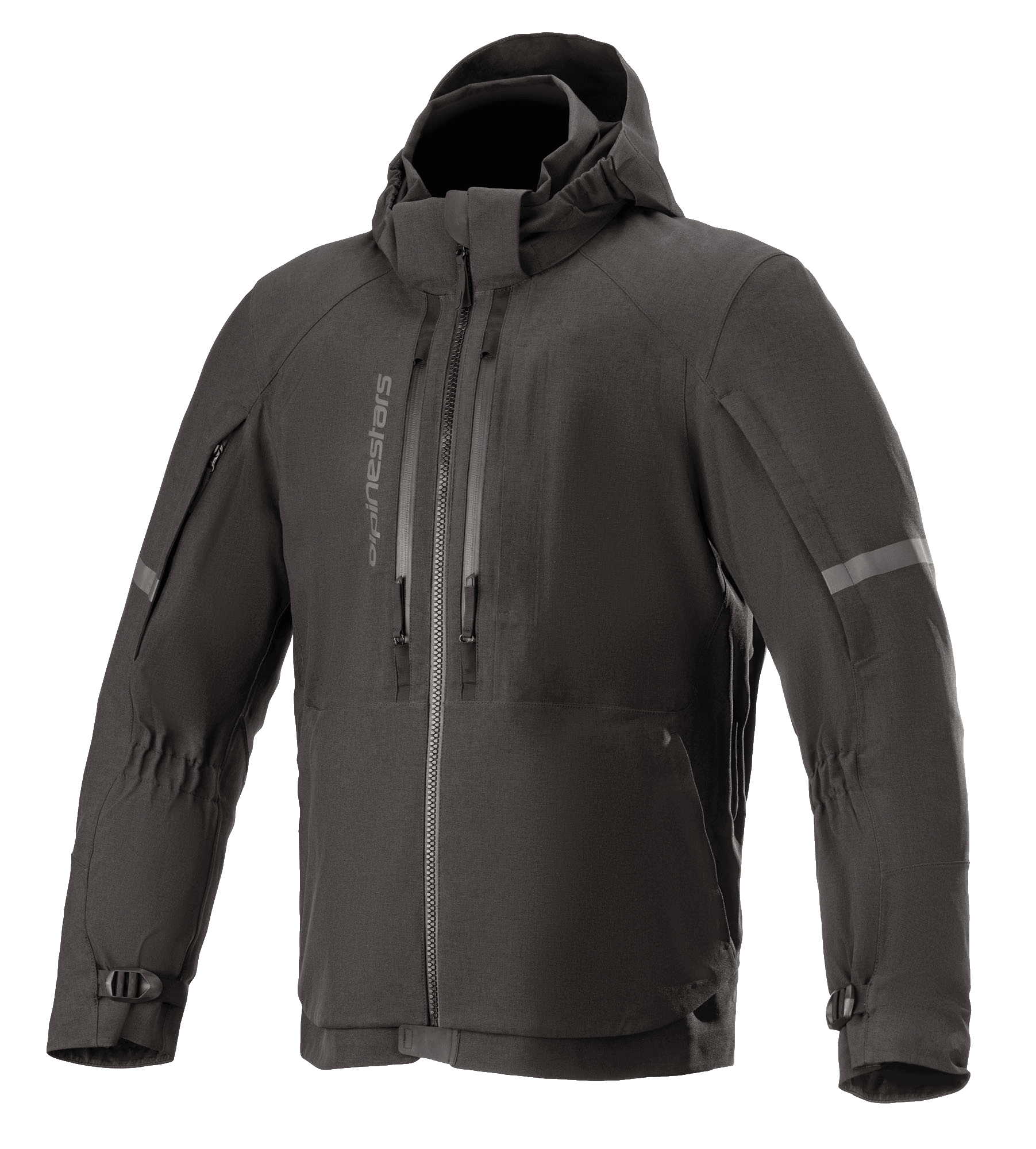 Alpinestars Sirius Drystar Techshell Jacke, Wasserdichte Motorradjacke, Melange Schwarz, Textildesign mit Kapuze, vertikale Brustreißverschlüsse, reflektierende Streifen an den Ärmeln, verstellbare Ärmelbündchen mit Schnallen
