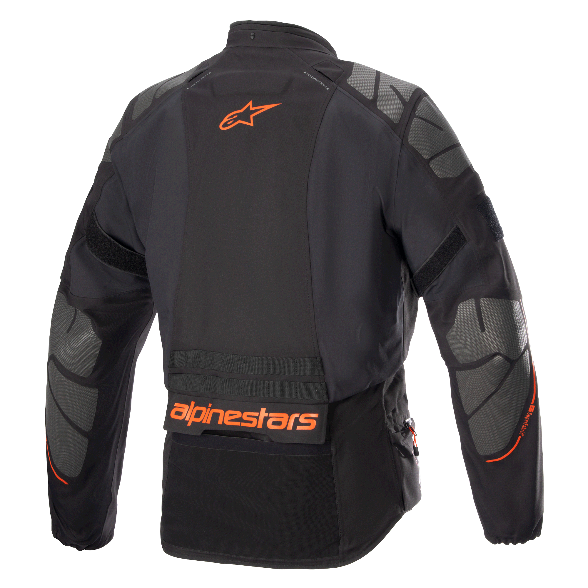 Alpinestars AMT-10R Drystar® XF Jacke, Motorrad-Adventure-Jacke, Schwarz mit orangefarbenem Alpinestars-Logo und grauen Superfabric-Einsätzen an Schultern und Ellbogen, Rückansicht, technische mehrsaisonale Fahrausrüstung