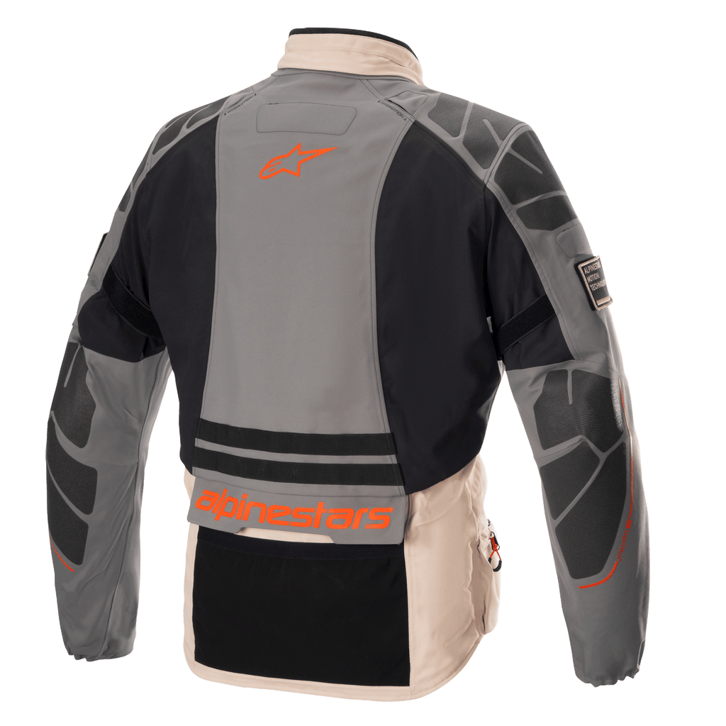 Alpinestars AMT-10R Drystar® XF Jacket, adventure motorcycle jacket, Fur Gray, Pale Brown, and Spicy Orange, rear view showing protective shoulder and elbow reinforcements, orange Alpinestars logo and branding, modular all-weather textile design