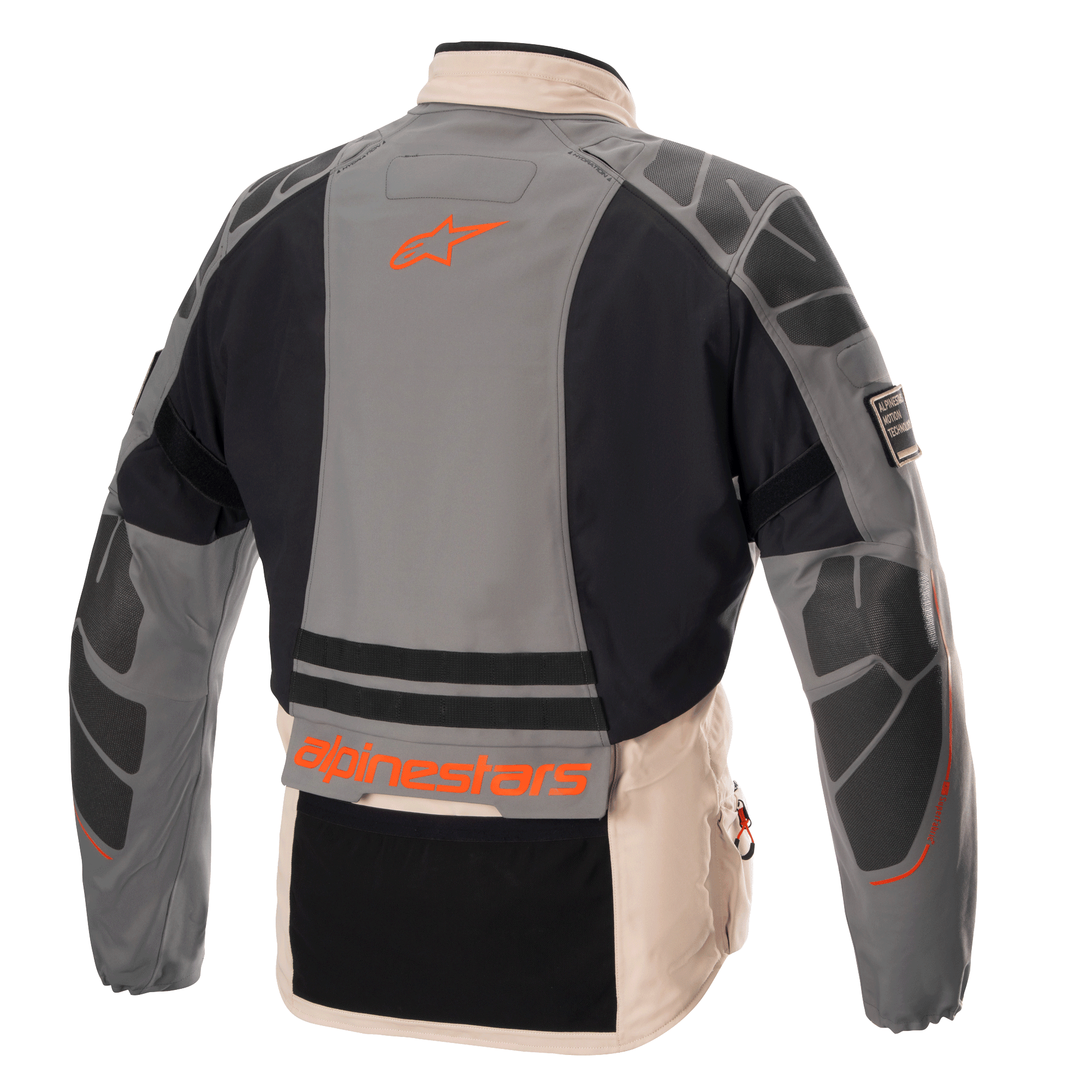 Alpinestars AMT-10R Drystar® XF Jacket, adventure motorcycle jacket, Fur Gray, Pale Brown, and Spicy Orange, rear view showing protective shoulder and elbow reinforcements, orange Alpinestars logo and branding, modular all-weather textile design