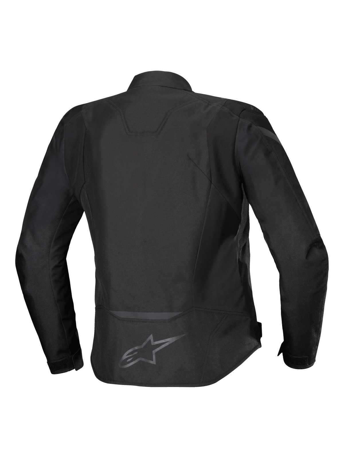 Alpinestars Stella T-Jaws V4 Wasserdichte Jacke, Damen-Textilmotorradjacke, Schwarz auf Schwarz, Rückansicht mit ergonomischer sportlicher Silhouette, reflektierenden Details und Logo am unteren Rücken.