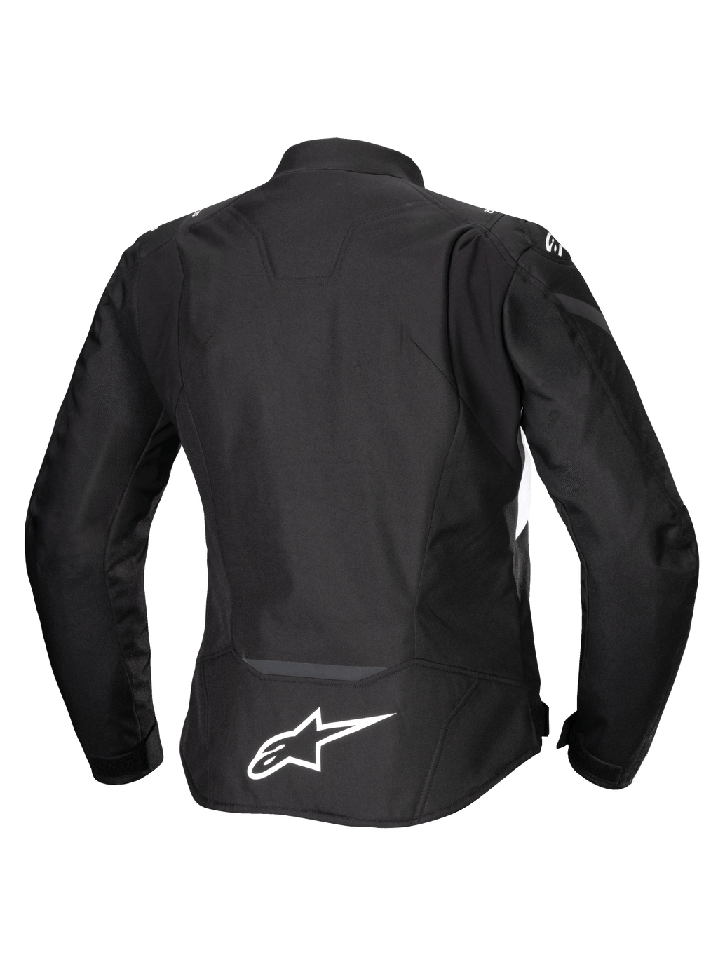 Alpinestars Stella T-Jaws V4 Wasserdichte Jacke, Damen-Motorradjacke, Schwarz mit weißen Akzenten, Rückansicht mit weißem Alpinestars-Logo auf dem unteren Rücken, schlankes sportliches Textildesign