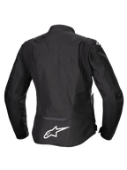 Alpinestars Stella T-Jaws V4 Wasserdichte Jacke, Damen-Motorradjacke, Schwarz mit weißen Akzenten, Rückansicht mit weißem Alpinestars-Logo auf dem unteren Rücken, schlankes sportliches Textildesign