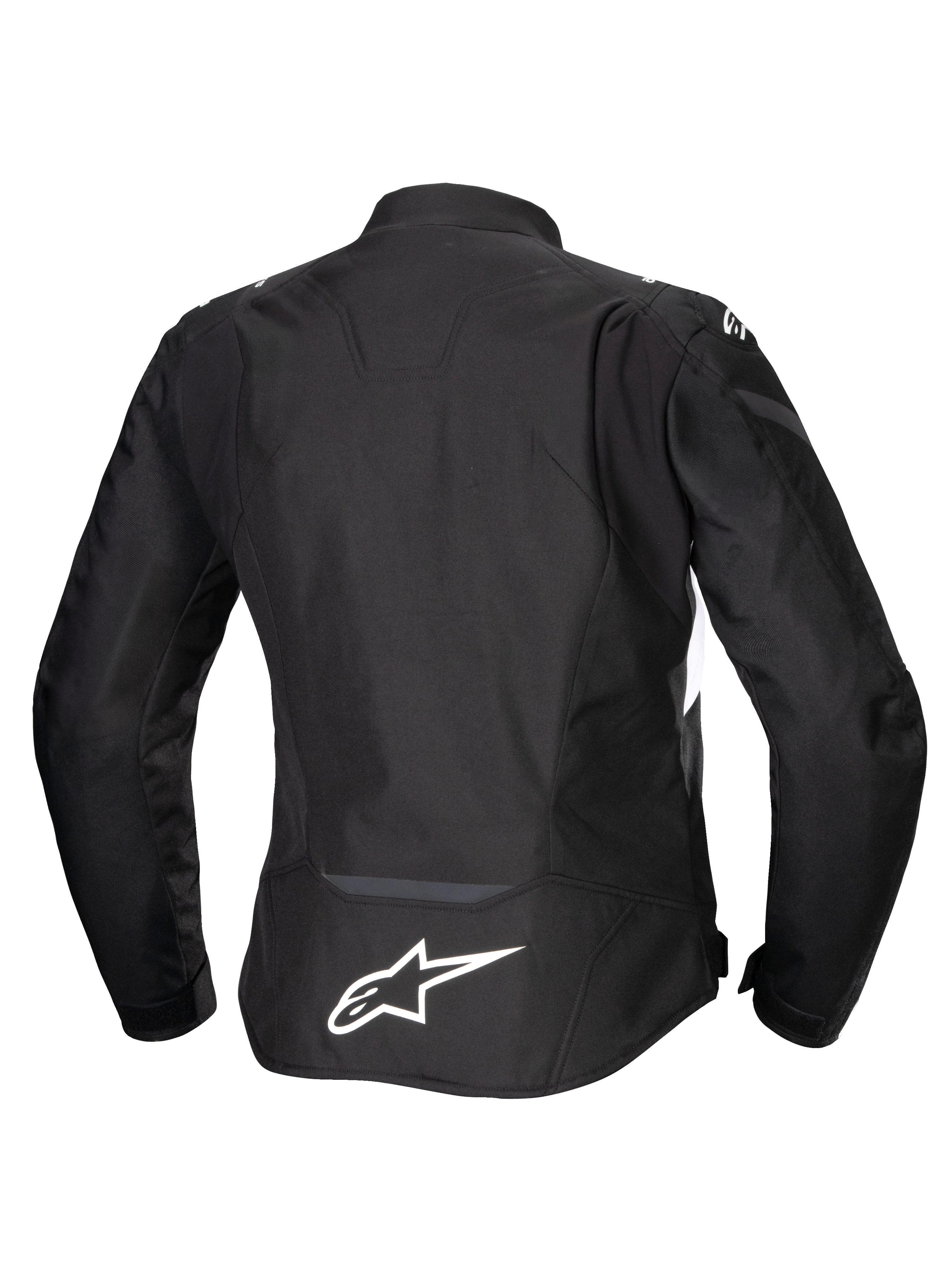 Alpinestars Stella T-Jaws V4 Wasserdichte Jacke, Damen-Motorradjacke, Schwarz mit weißen Akzenten, Rückansicht mit weißem Alpinestars-Logo auf dem unteren Rücken, schlankes sportliches Textildesign