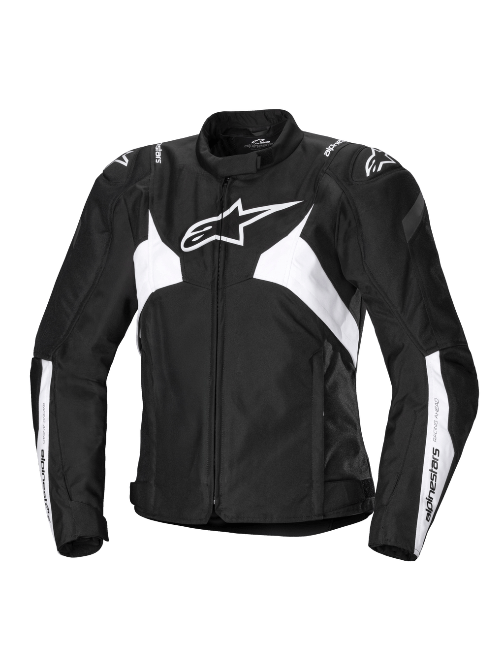 Alpinestars Stella T-Jaws V4 Wasserdichte Jacke, Damen-Sport-Motorradjacke, Schwarz und Weiß, mit einem markanten weißen Stern-Logo auf der Brust, eckigen weißen Einsätzen an Torso und Ärmeln sowie GP Lite Schulterverstärkungen in einer körpernahen 3D-Sport-Silhouette.