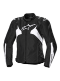 Alpinestars Stella T-Jaws V4 Wasserdichte Jacke, Damen-Sport-Motorradjacke, Schwarz und Weiß, mit einem markanten weißen Stern-Logo auf der Brust, eckigen weißen Einsätzen an Torso und Ärmeln sowie GP Lite Schulterverstärkungen in einer körpernahen 3D-Sport-Silhouette.