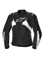 Alpinestars Stella T-Jaws V4 Wasserdichte Jacke, Damen-Sport-Motorradjacke, Schwarz und Weiß, mit einem markanten weißen Stern-Logo auf der Brust, eckigen weißen Einsätzen an Torso und Ärmeln sowie GP Lite Schulterverstärkungen in einer körpernahen 3D-Sport-Silhouette.