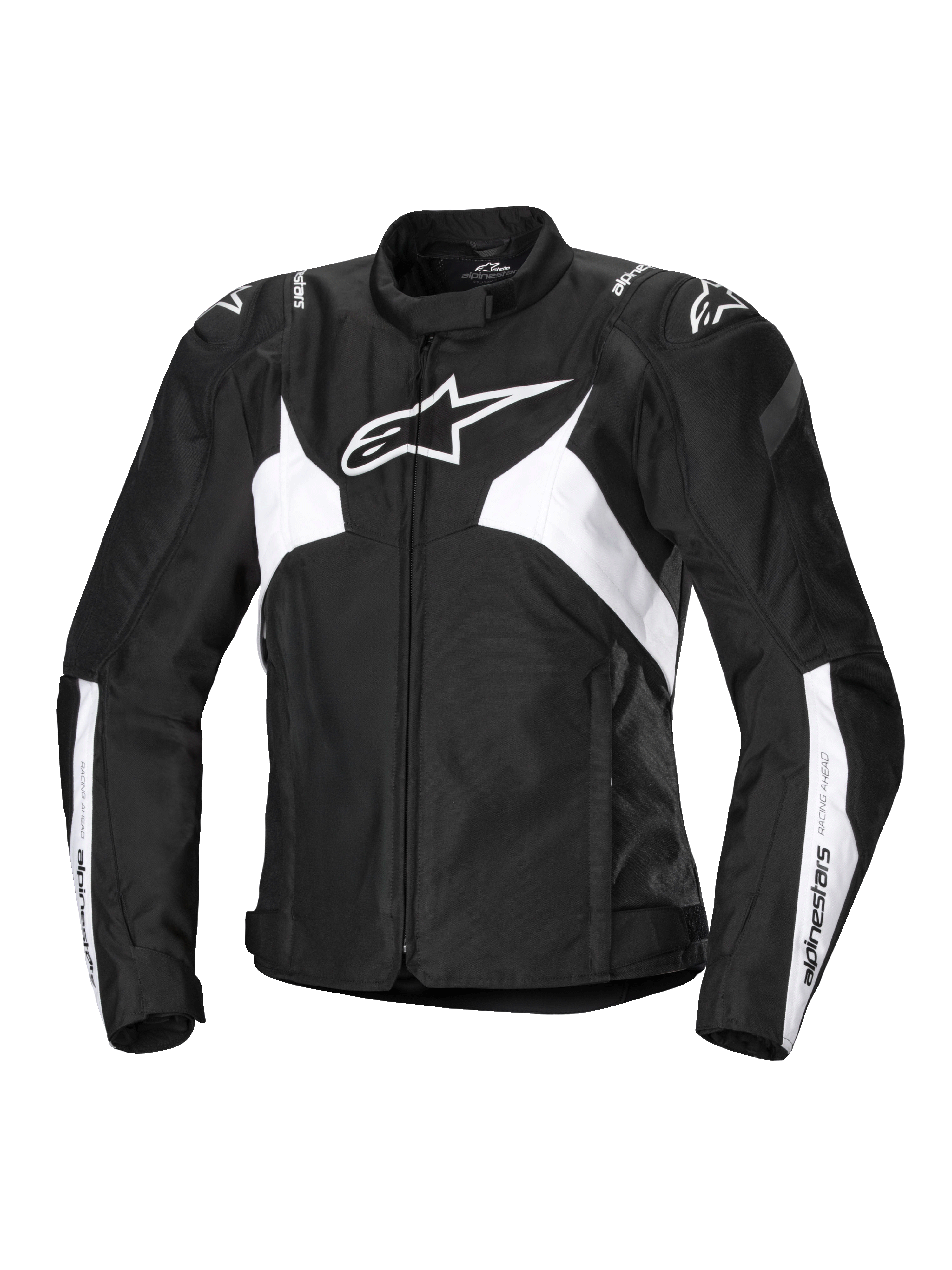 Alpinestars Stella T-Jaws V4 Wasserdichte Jacke, Damen-Sport-Motorradjacke, Schwarz und Weiß, mit einem markanten weißen Stern-Logo auf der Brust, eckigen weißen Einsätzen an Torso und Ärmeln sowie GP Lite Schulterverstärkungen in einer körpernahen 3D-Sport-Silhouette.