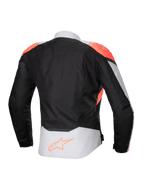 Alpinestars Stella T-Jaws V4 Wasserdichte Jacke, Damen-Motorradjacke, Schwarz, Ice Gray und Fluo Coral, Rückansicht mit fluoreszierenden korallenroten Schulterakzenten und Alpinestars-Logo am unteren Rücken, technische Textilkonstruktion für Allwetterfahrten.