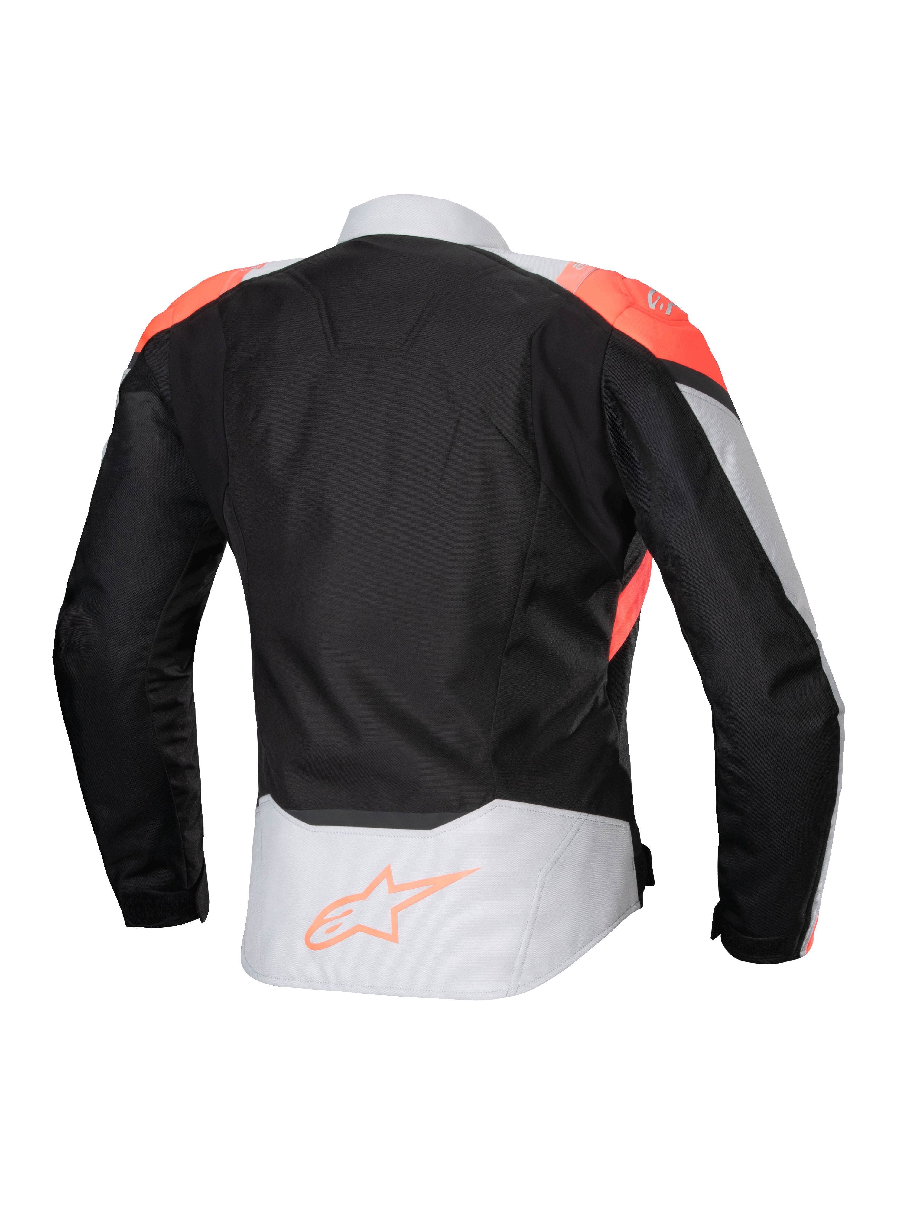 Alpinestars Stella T-Jaws V4 Wasserdichte Jacke, Damen-Motorradjacke, Schwarz, Ice Gray und Fluo Coral, Rückansicht mit fluoreszierenden korallenroten Schulterakzenten und Alpinestars-Logo am unteren Rücken, technische Textilkonstruktion für Allwetterfahrten.