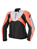 Alpinestars Stella T-Jaws V4 Wasserdichte Jacke, sportliche Textil-Motorradjacke für Damen, Schwarz, Eisgrau und Fluo-Koralle, mit hohem Kragen, Frontreißverschluss, eckigen Farbblöcken und Branding auf Brust und Ärmeln