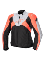 Alpinestars Stella T-Jaws V4 Wasserdichte Jacke, sportliche Textil-Motorradjacke für Damen, Schwarz, Eisgrau und Fluo-Koralle, mit hohem Kragen, Frontreißverschluss, eckigen Farbblöcken und Branding auf Brust und Ärmeln