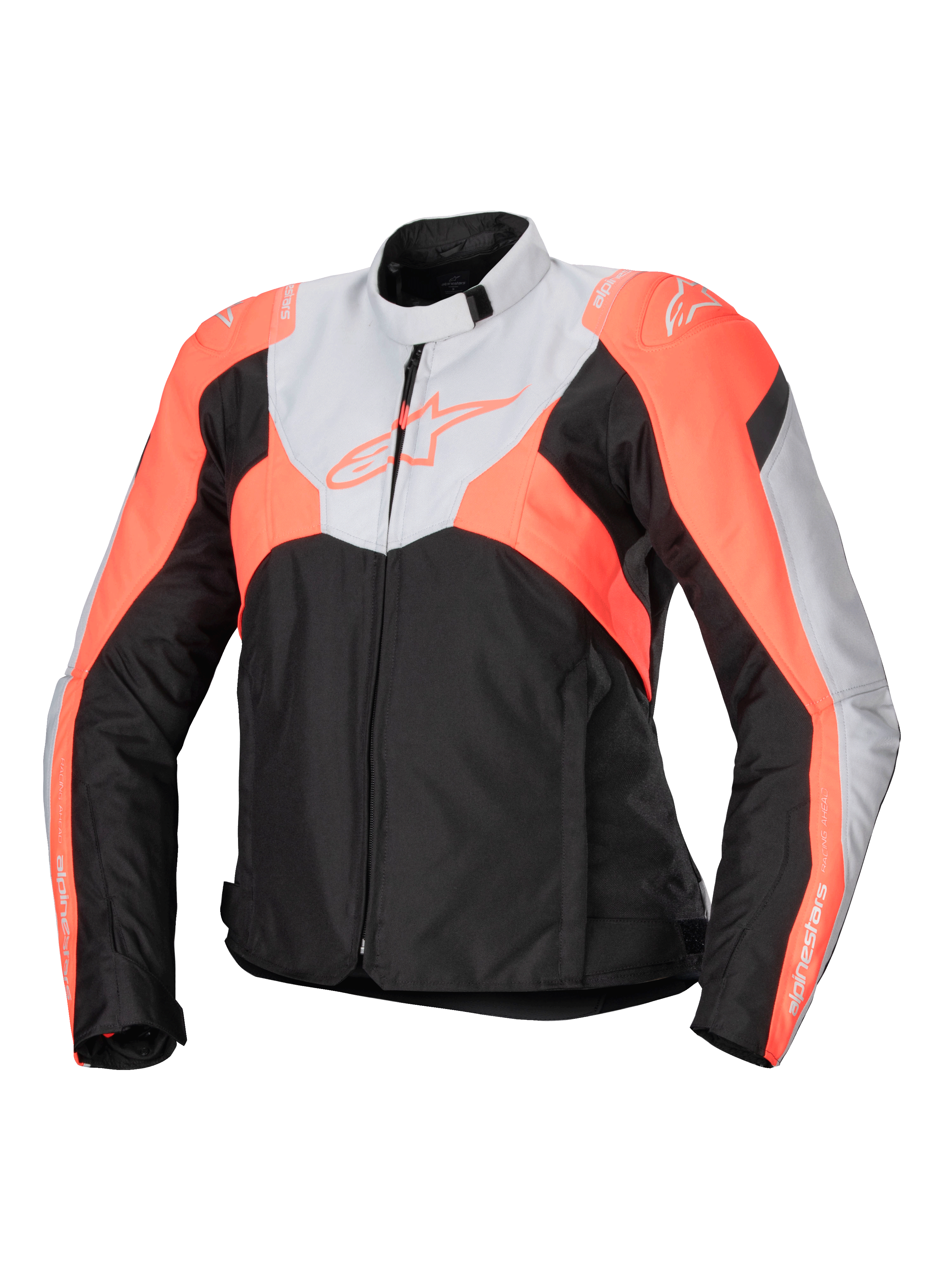 Alpinestars Stella T-Jaws V4 Wasserdichte Jacke, sportliche Textil-Motorradjacke für Damen, Schwarz, Eisgrau und Fluo-Koralle, mit hohem Kragen, Frontreißverschluss, eckigen Farbblöcken und Branding auf Brust und Ärmeln