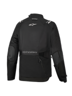 Alpinestars Stella Andes V4 Drystar® Damenjacke, Schwarz, Rückansicht, mit großer Rückentasche, weißem Alpinestars-Logo am oberen Rücken und Markenschriftzug am unteren Rücken, verstellbare Taillen- und Armriemen, strapazierfähige Textil-Adventure-Tourenjacke