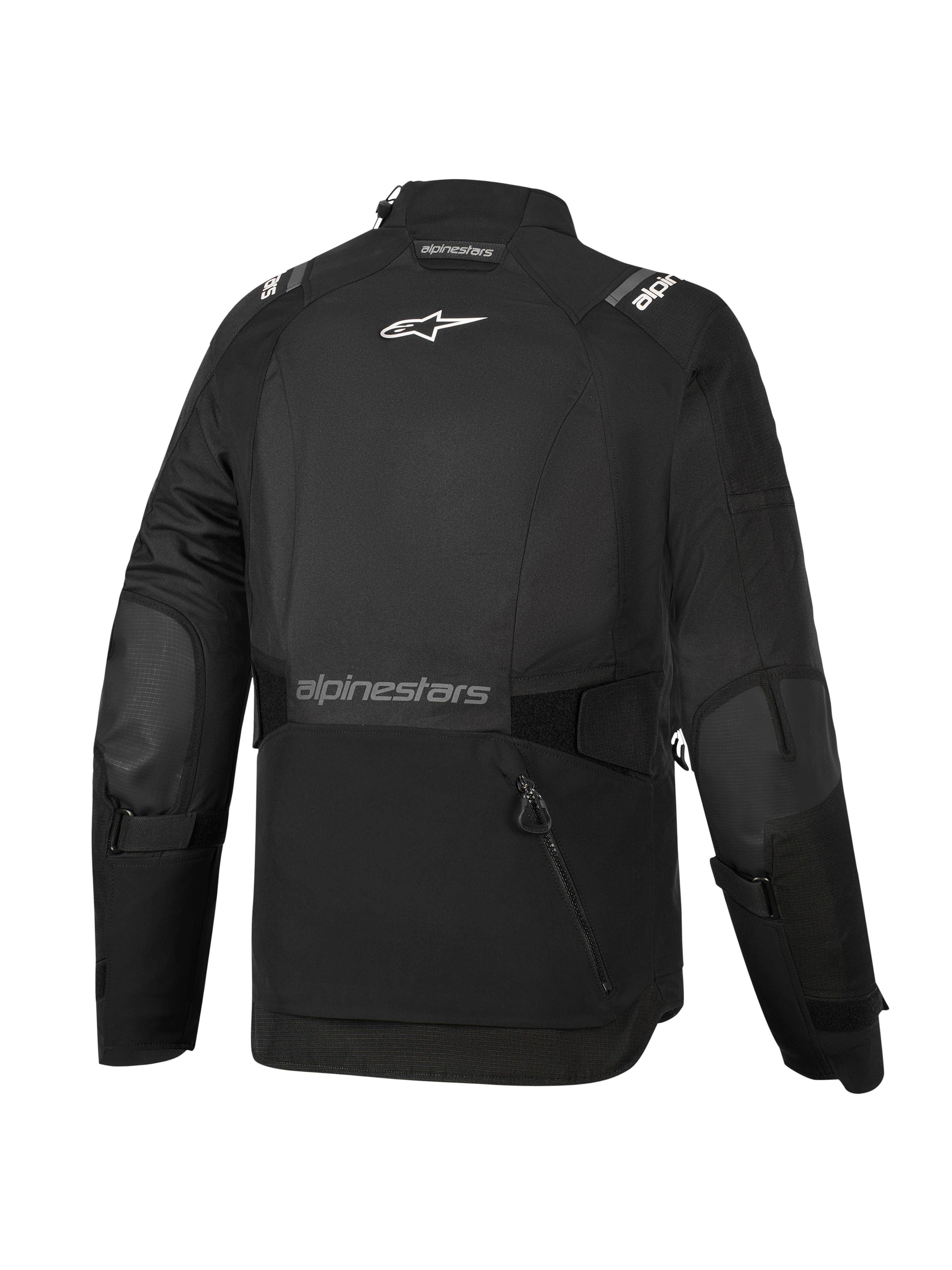Alpinestars Stella Andes V4 Drystar® Damenjacke, Schwarz, Rückansicht, mit großer Rückentasche, weißem Alpinestars-Logo am oberen Rücken und Markenschriftzug am unteren Rücken, verstellbare Taillen- und Armriemen, strapazierfähige Textil-Adventure-Tourenjacke