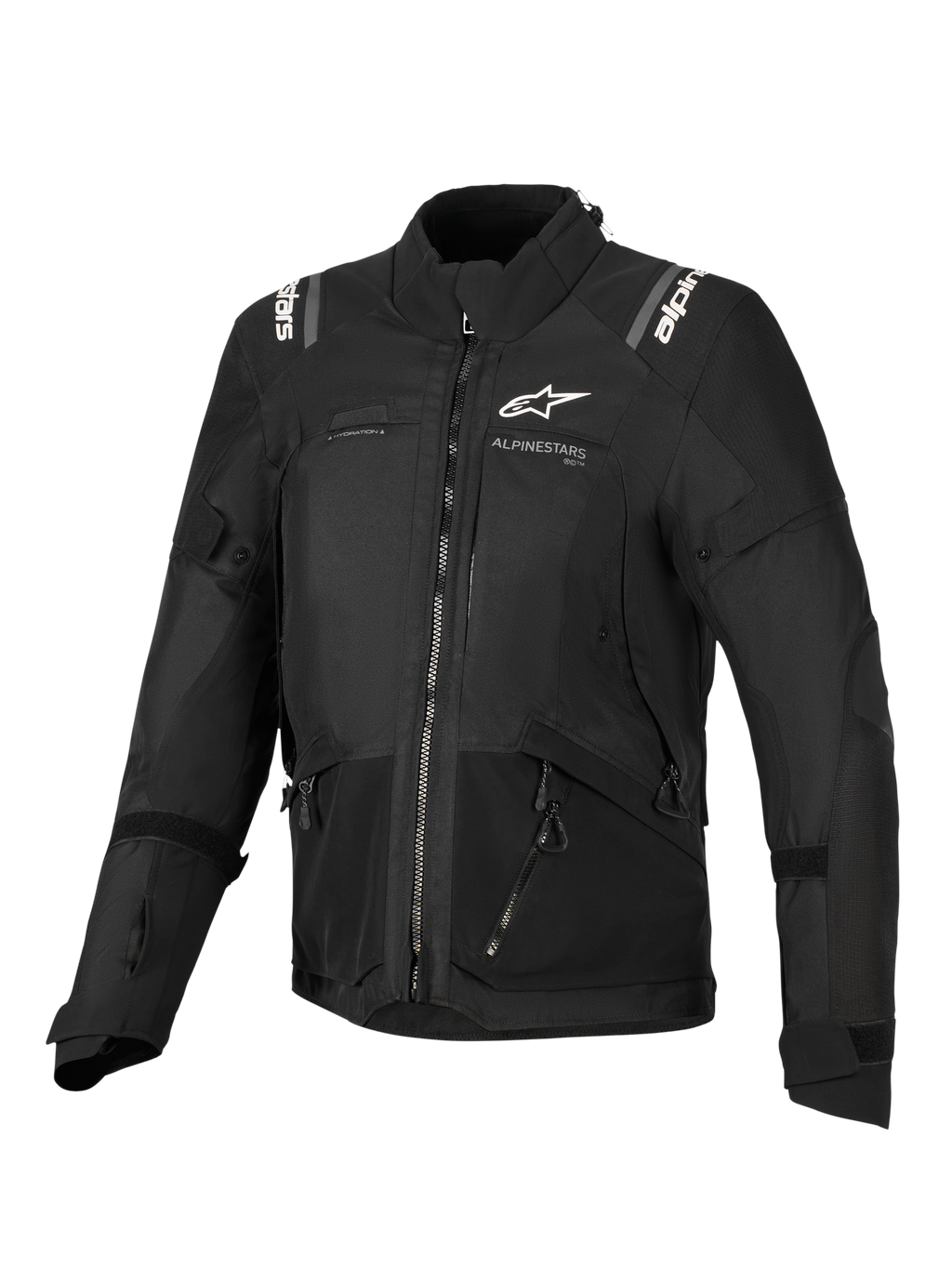 Alpinestars Stella Andes V4 Drystar® Jacke, Damen-Motorradjacke, Schwarz, Vorderansicht mit weißen Logos auf der Brust und den Schultern, Multi-Panel-Textildesign mit Reißverschlüssen und reflektierenden Details, Adventure-Touring-Stil