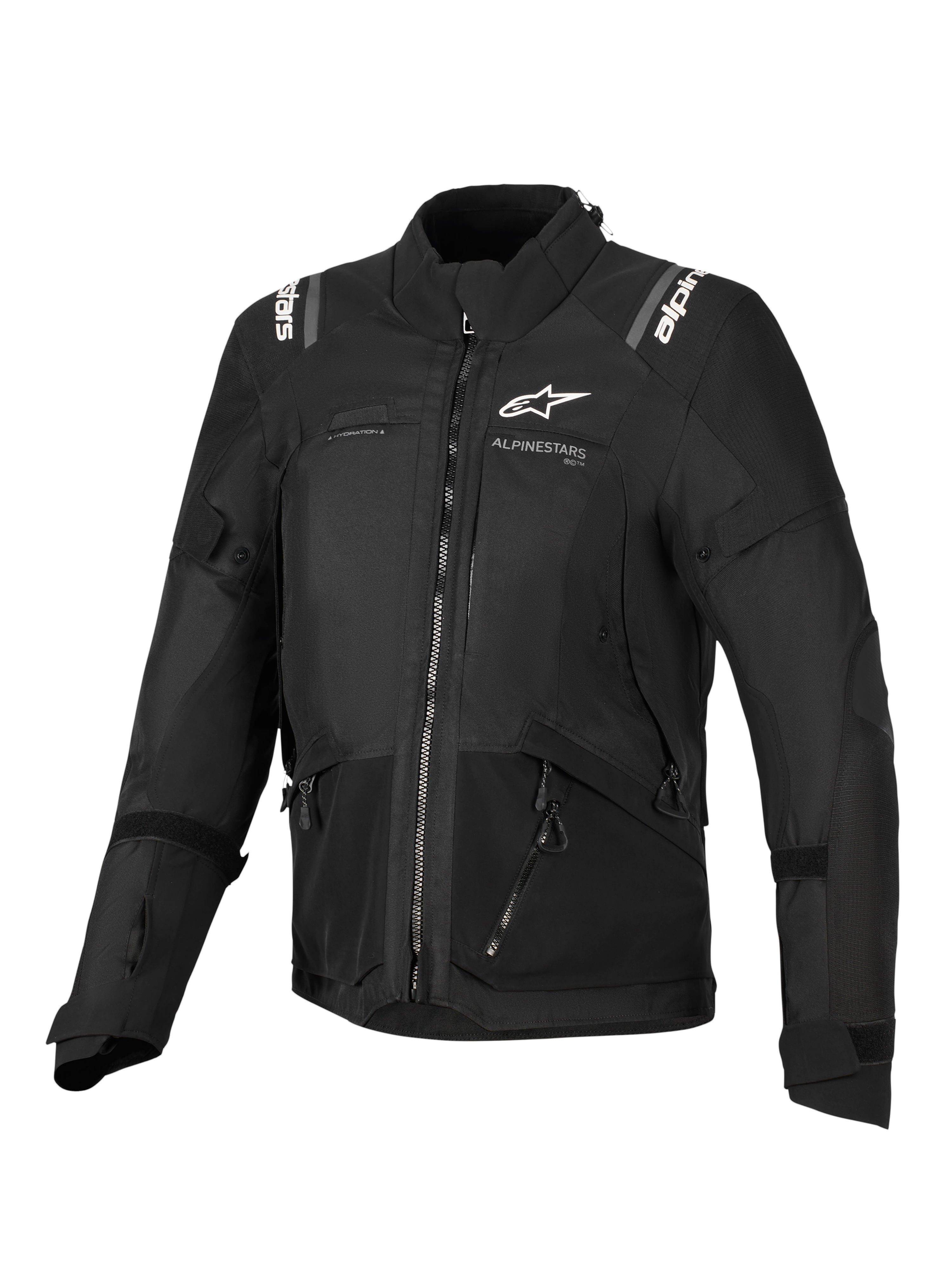 Alpinestars Stella Andes V4 Drystar® Jacke, Damen-Motorradjacke, Schwarz, Vorderansicht mit weißen Logos auf der Brust und den Schultern, Multi-Panel-Textildesign mit Reißverschlüssen und reflektierenden Details, Adventure-Touring-Stil