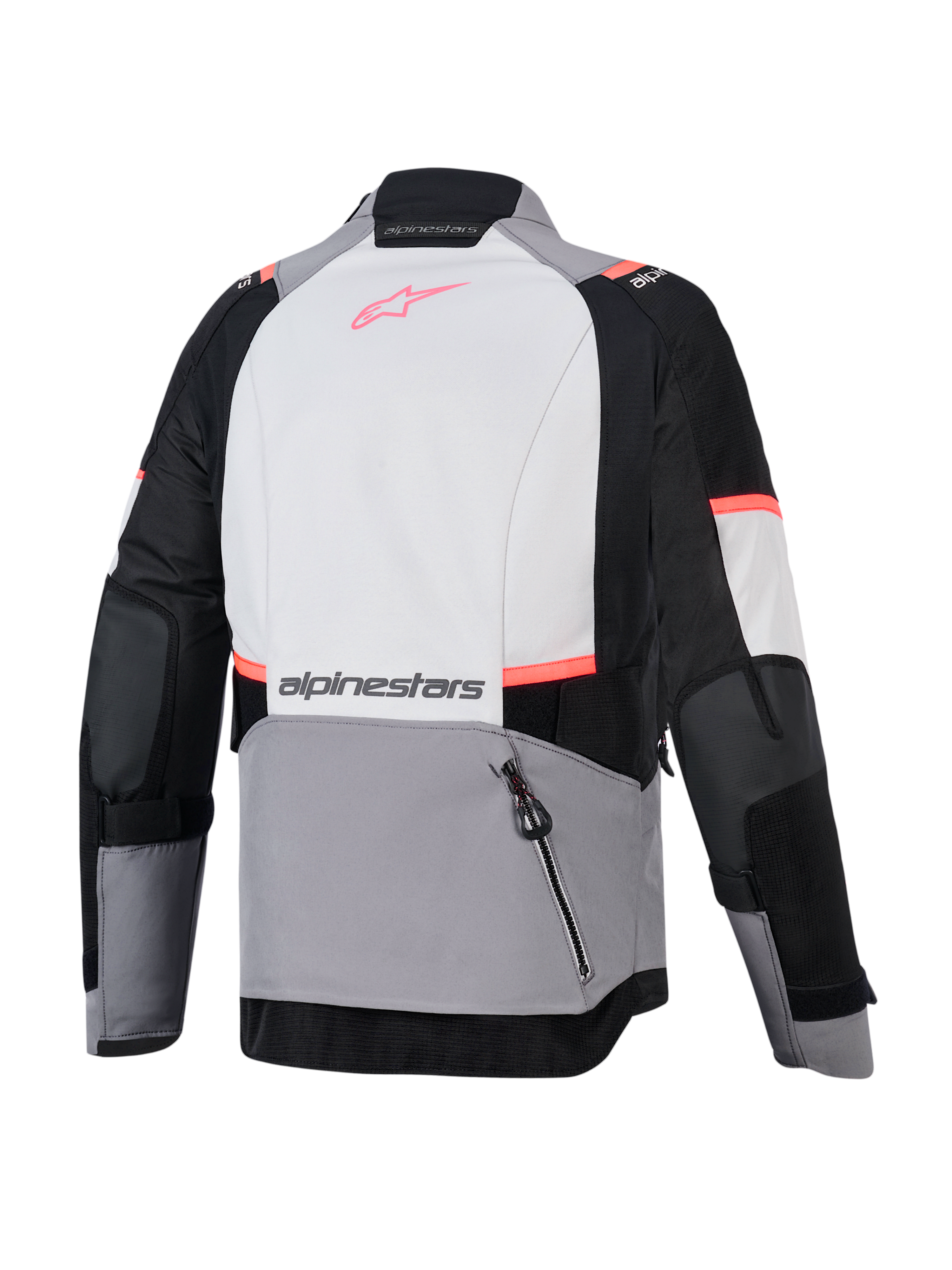 Stella Andes V4 Drystar Damen-Motorradjacke, Grau und Schwarz, Rückansicht mit großem hinterem Rückfach.