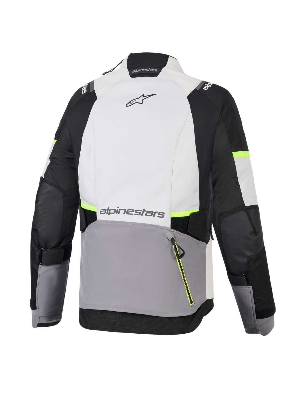 Alpinestars Stella Andes V4 Drystar® Jacke, Damen-Abenteuer-Motorradjacke, Eisgrau, Dunkelgrau und Schwarz mit neongelben Akzenten, Rückansicht mit großer Rückentasche und Alpinestars-Branding