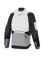 Alpinestars Stella Andes V4 Drystar® Jacke, Damen-Abenteuer-Motorradjacke, Eisgrau, Dunkelgrau und Schwarz mit neongelben Akzenten, Rückansicht mit großer Rückentasche und Alpinestars-Branding