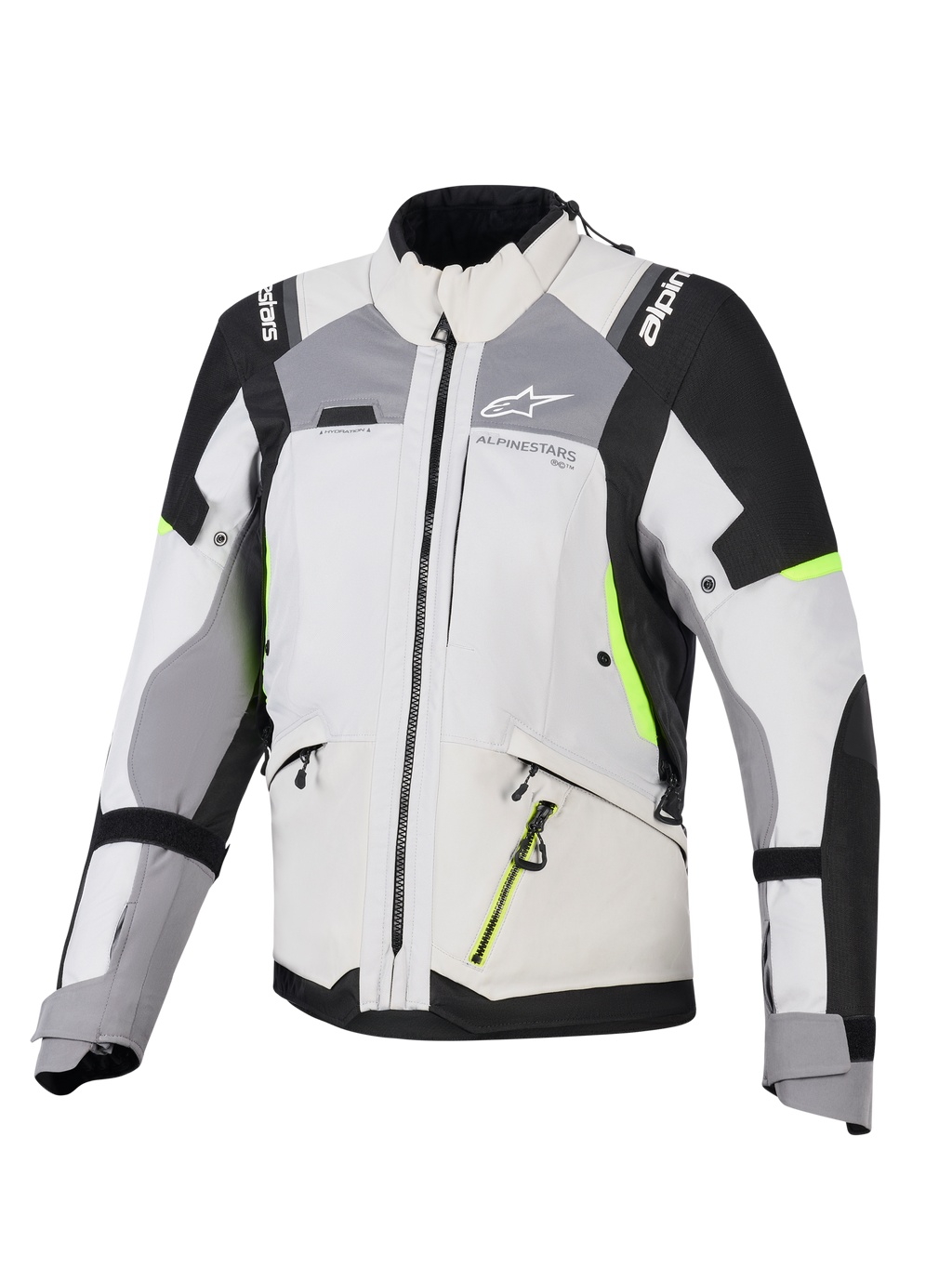 Alpinestars Stella Andes V4 Drystar® Damenjacke, Adventure-Tourenjacke für Damen, Eisgrau und Dunkelgrau mit schwarzen und neongelben Akzenten, strapazierfähige Textilkonstruktion mit wasserdichten Reißverschlüssen und Alpinestars-Branding, Vorderansicht