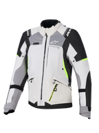 Alpinestars Stella Andes V4 Drystar® Damenjacke, Adventure-Tourenjacke für Damen, Eisgrau und Dunkelgrau mit schwarzen und neongelben Akzenten, strapazierfähige Textilkonstruktion mit wasserdichten Reißverschlüssen und Alpinestars-Branding, Vorderansicht