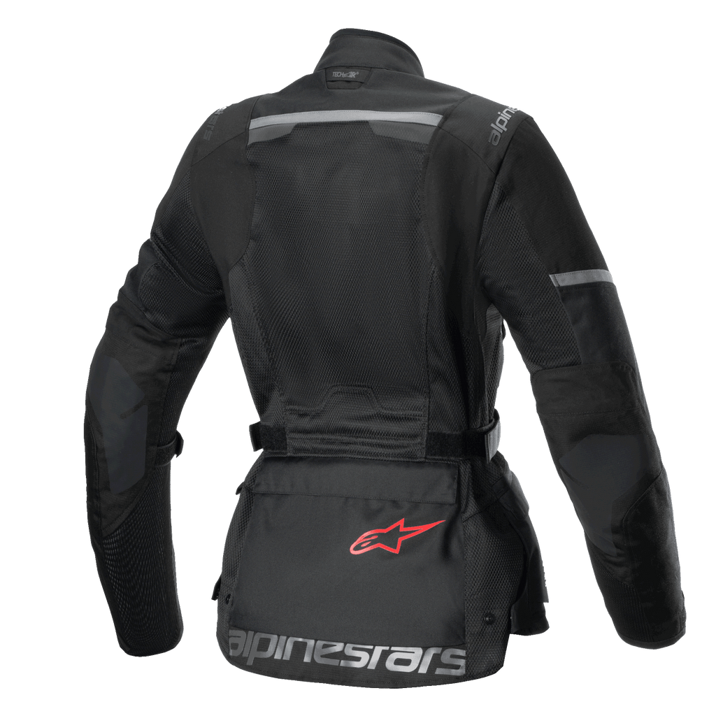 Alpinestars Stella Andes Air Drystar Jacke, Damen-Touren-Motorradjacke, Rückansicht, Schwarz, mit großflächigen Mesh-Einsätzen, Ripstop-Verstärkungen und einer Aufbewahrungstasche im unteren Rücken mit rotem Logo