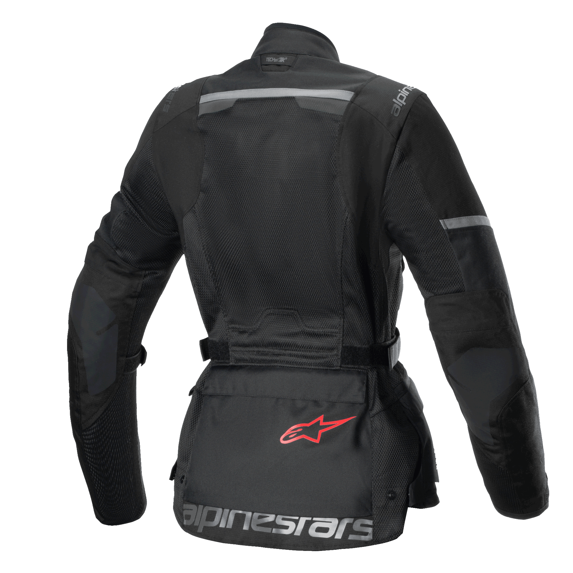 Alpinestars Stella Andes Air Drystar Jacke, Damen-Touren-Motorradjacke, Rückansicht, Schwarz, mit großflächigen Mesh-Einsätzen, Ripstop-Verstärkungen und einer Aufbewahrungstasche im unteren Rücken mit rotem Logo