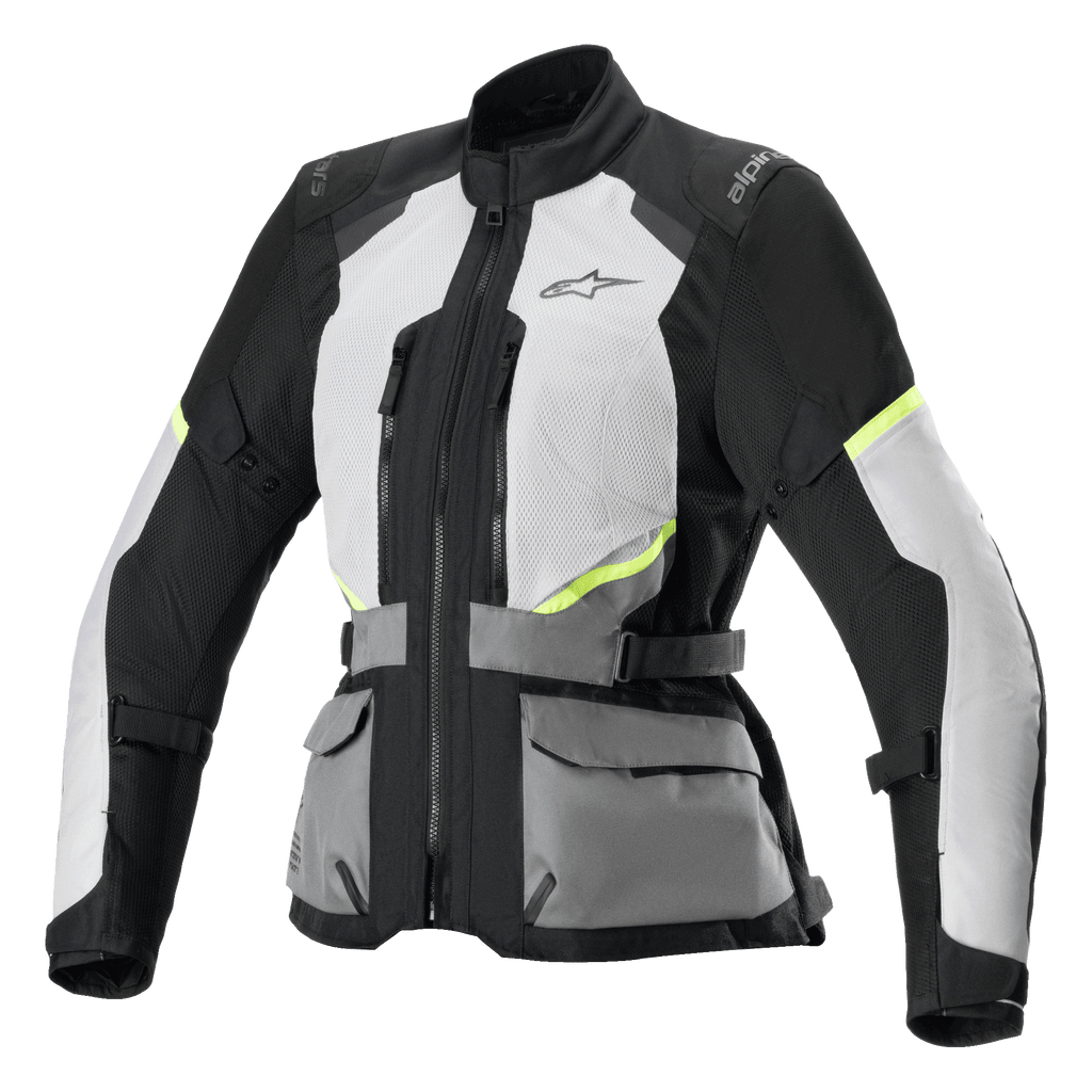 Alpinestars Stella Andes Air Drystar Jacket, Women's Motorcycle Touring Jacket, Ice Gray and Dark Gray with Black and Neon Yellow accents, featuring extensive mesh ventilation panels, front utility pockets, and adjustable waist straps, technical touring design