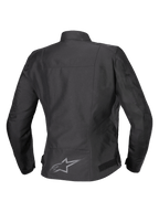 Alpinestars Stella T-SPS V2 Wasserdichte Jacke, Rückansicht, Schwarz, Damen-Textil-Motorradjacke mit einem reflektierenden Logo am unteren Rücken und einer sportlich konturierten Silhouette