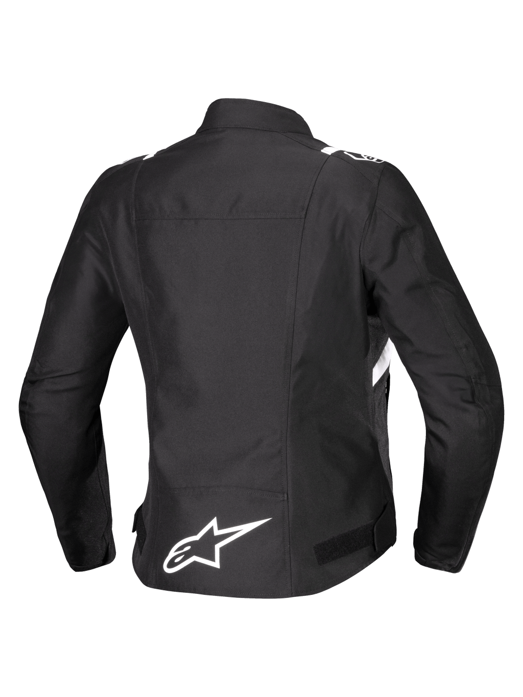 Alpinestars Stella T-SPS V2 wasserdichte Jacke, Rückansicht, Damen-Textil-Motorradjacke, Schwarz mit weißen Akzenten, weißes Alpinestars Stern-Logo am unteren Rücken, sportliche, rennsportinspirierte Silhouette